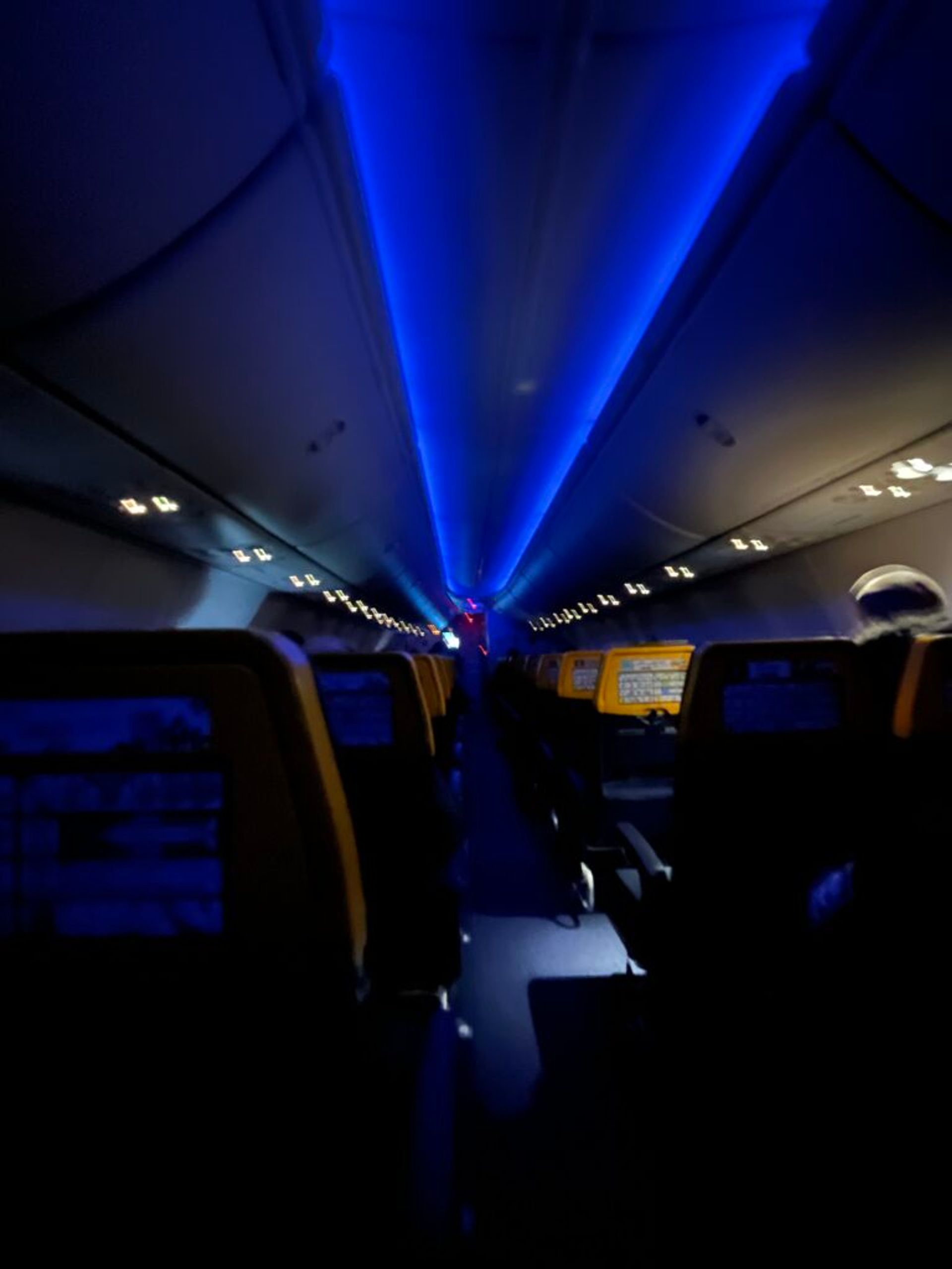 The aisle of an airplane.