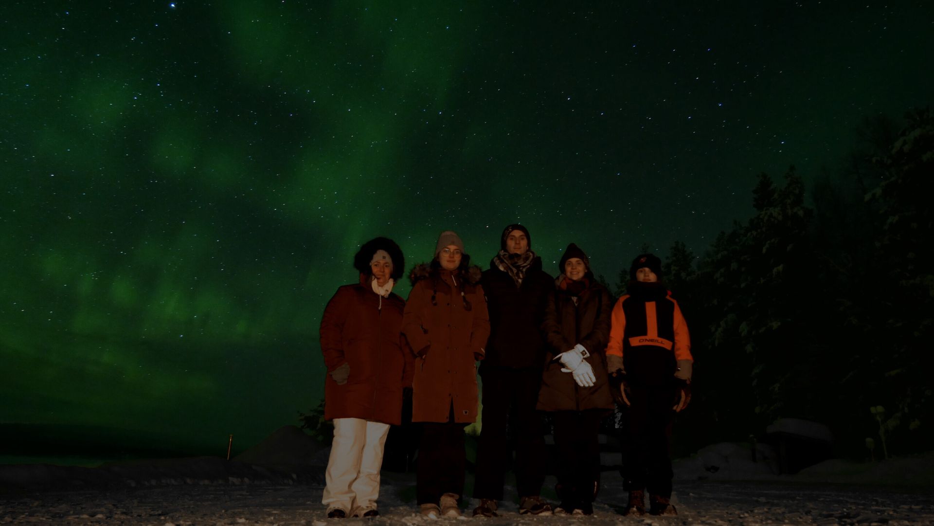 A group of people posing with the Northern Lights in the background.