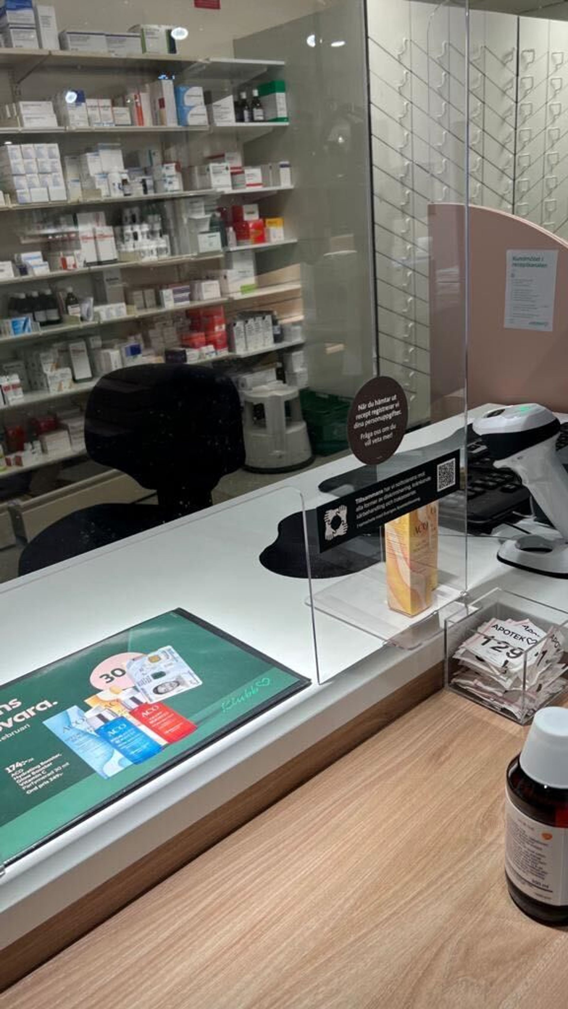 A pick-up desk for prescribed medicine at the pharmacy.