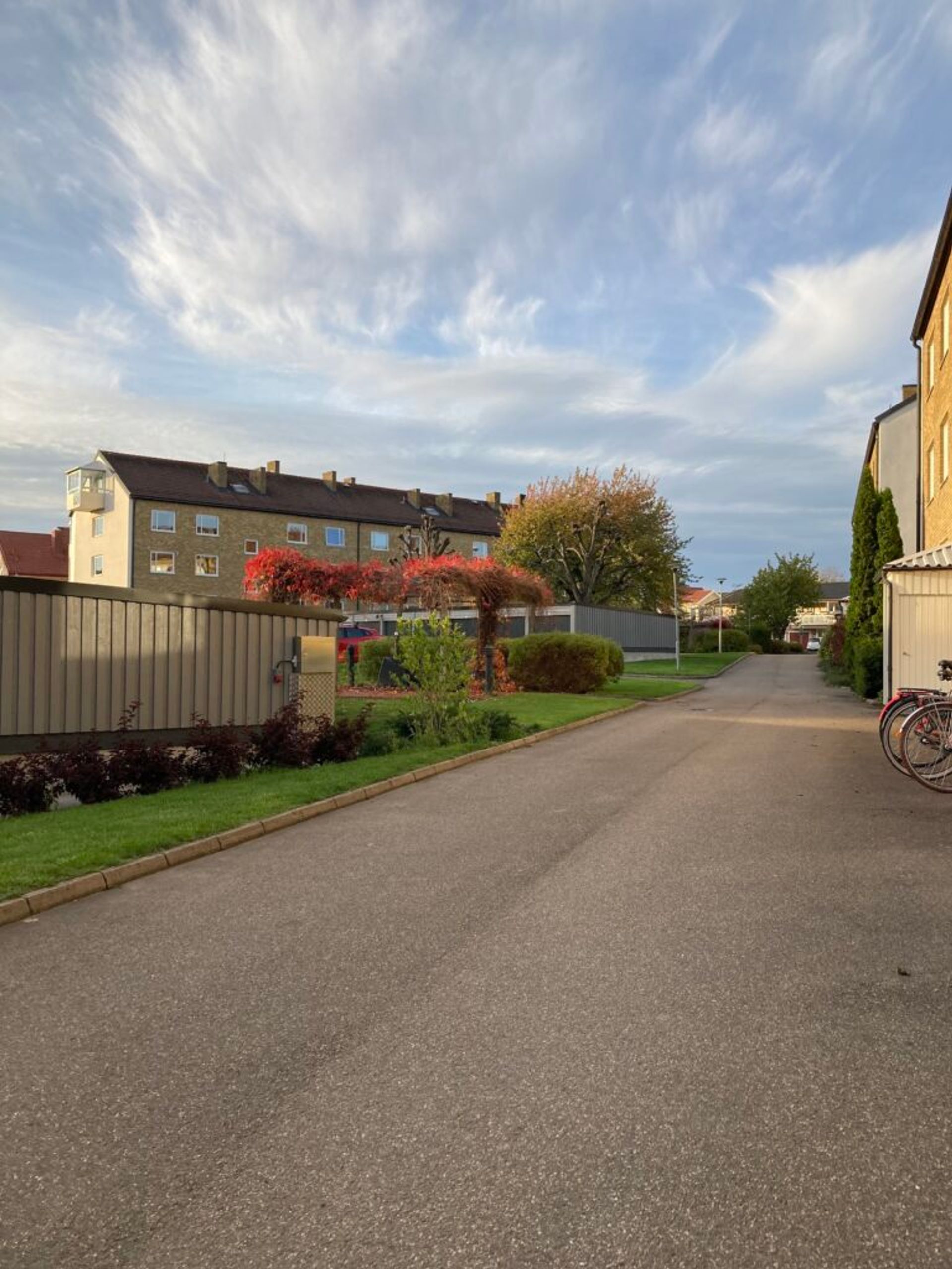 A serene neighborhood with houses surrounded by lush greenery, devoid of people.