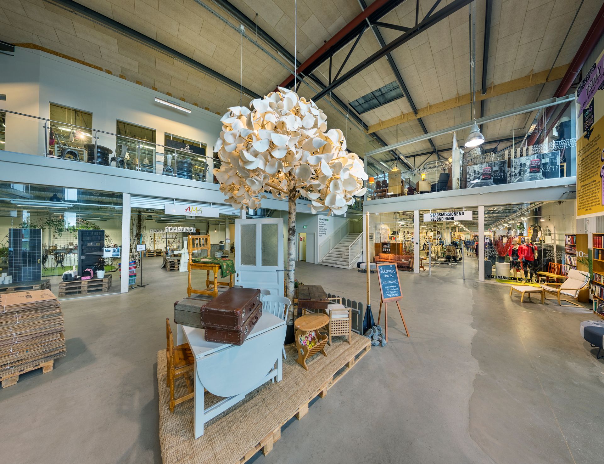 Inside a two-story shopping center with various shops.