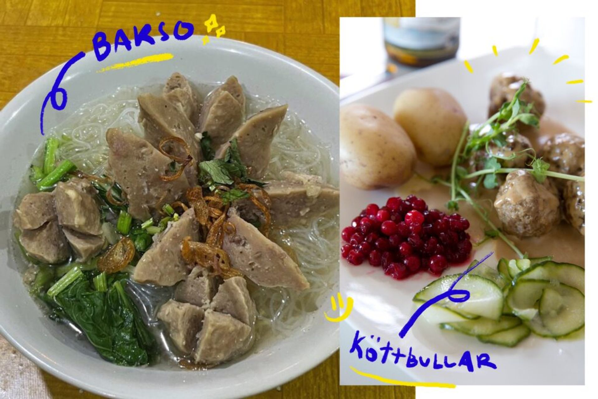A side-by-side image compares the traditional dishes of Indonesia and Sweden, with Bakso, on the left, and Swedish meatballs, on the right.