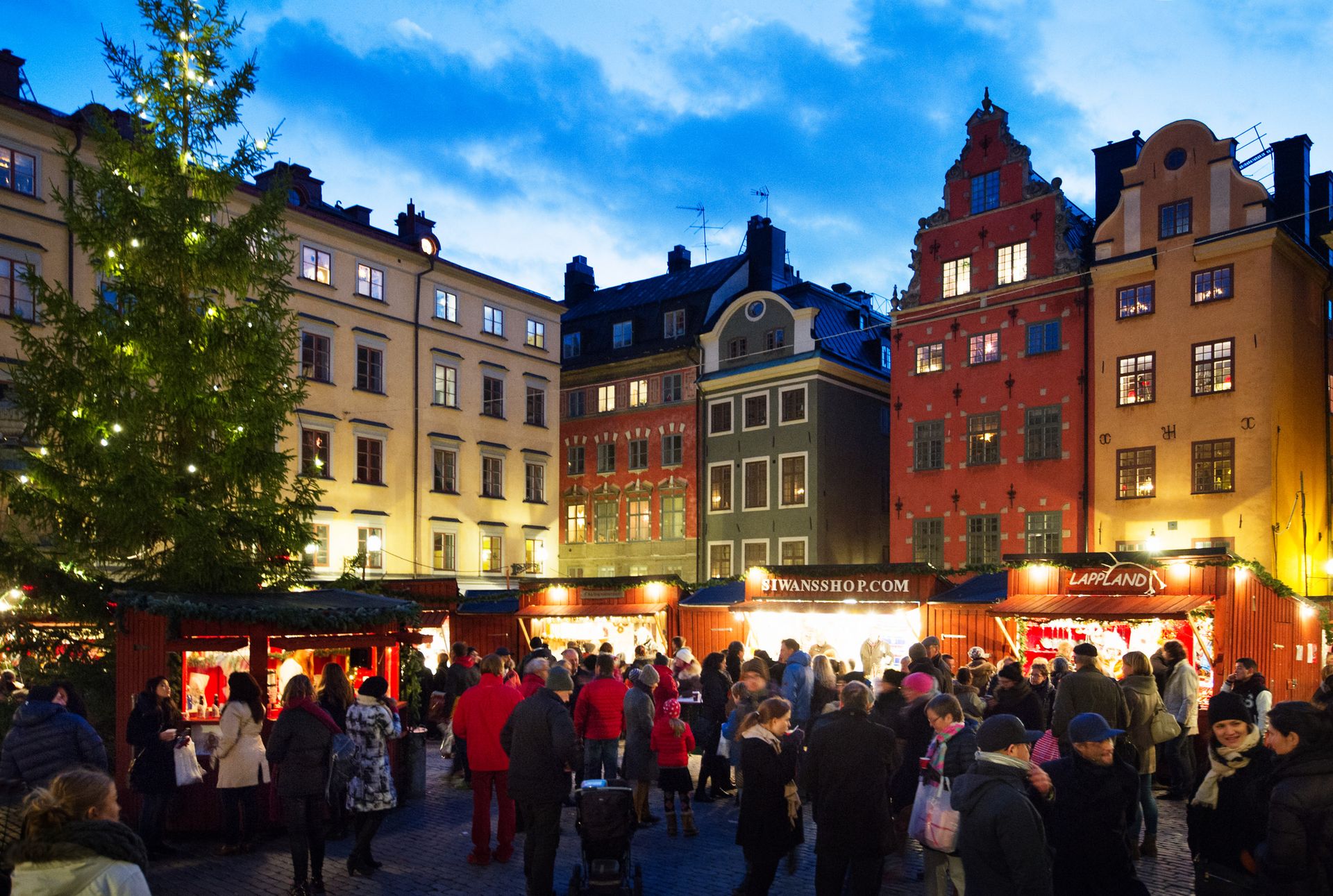 Crowds of people are visiting the stalls of the old-fashioned Christmas market in Old Town Stockholm, next to a lit Christmas tree.