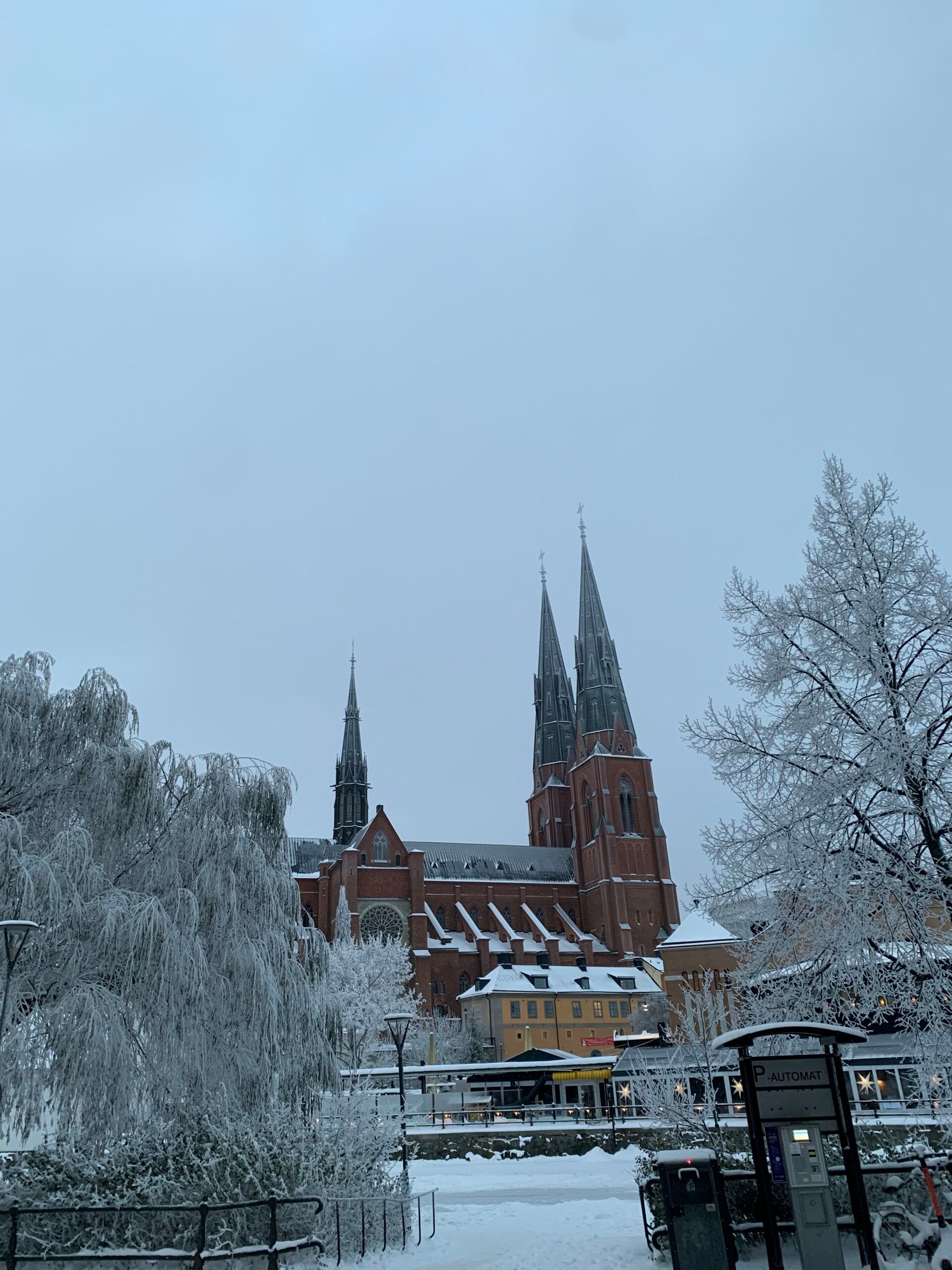 Uppsala cathedral surrounded by snow. 