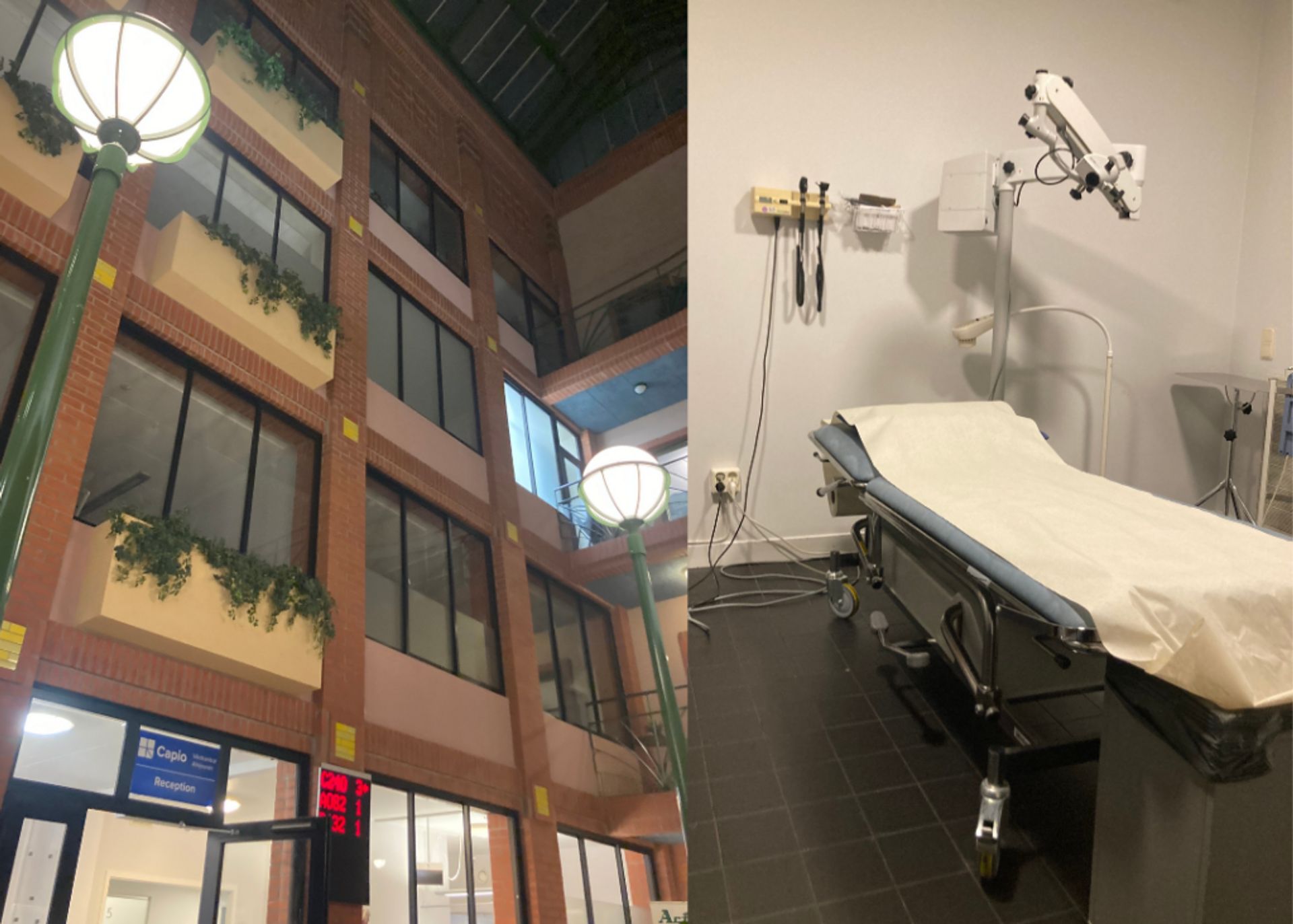 The image is divided into two scenes: on the left, the reception area for an urgent care centre in Sweden; on the right, a medical examination room with an adjustable bed, a diagnostic light, and wall-mounted medical instruments.