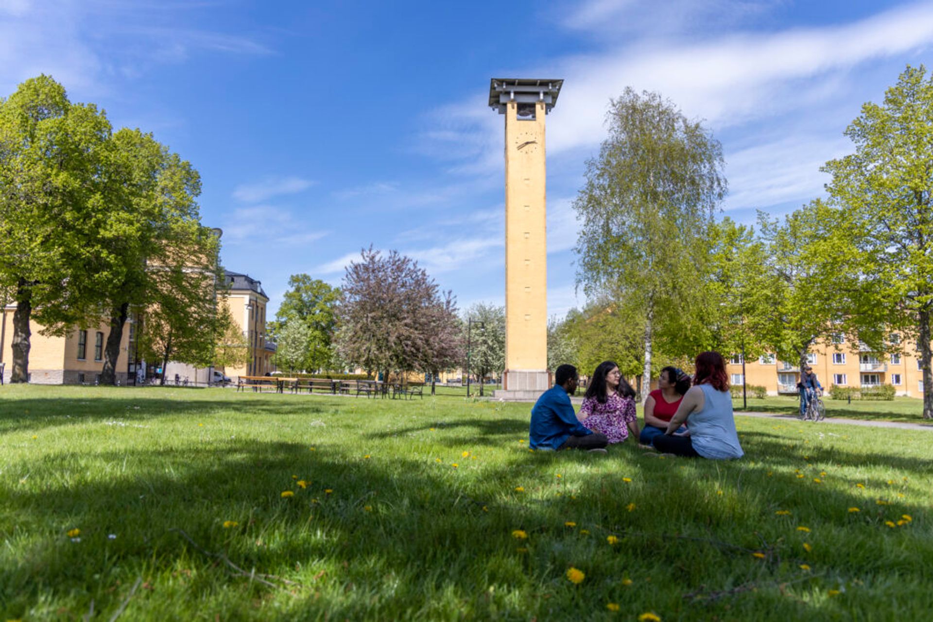 Students sitting and talking on the grass outside of a University of Skövde campus building.