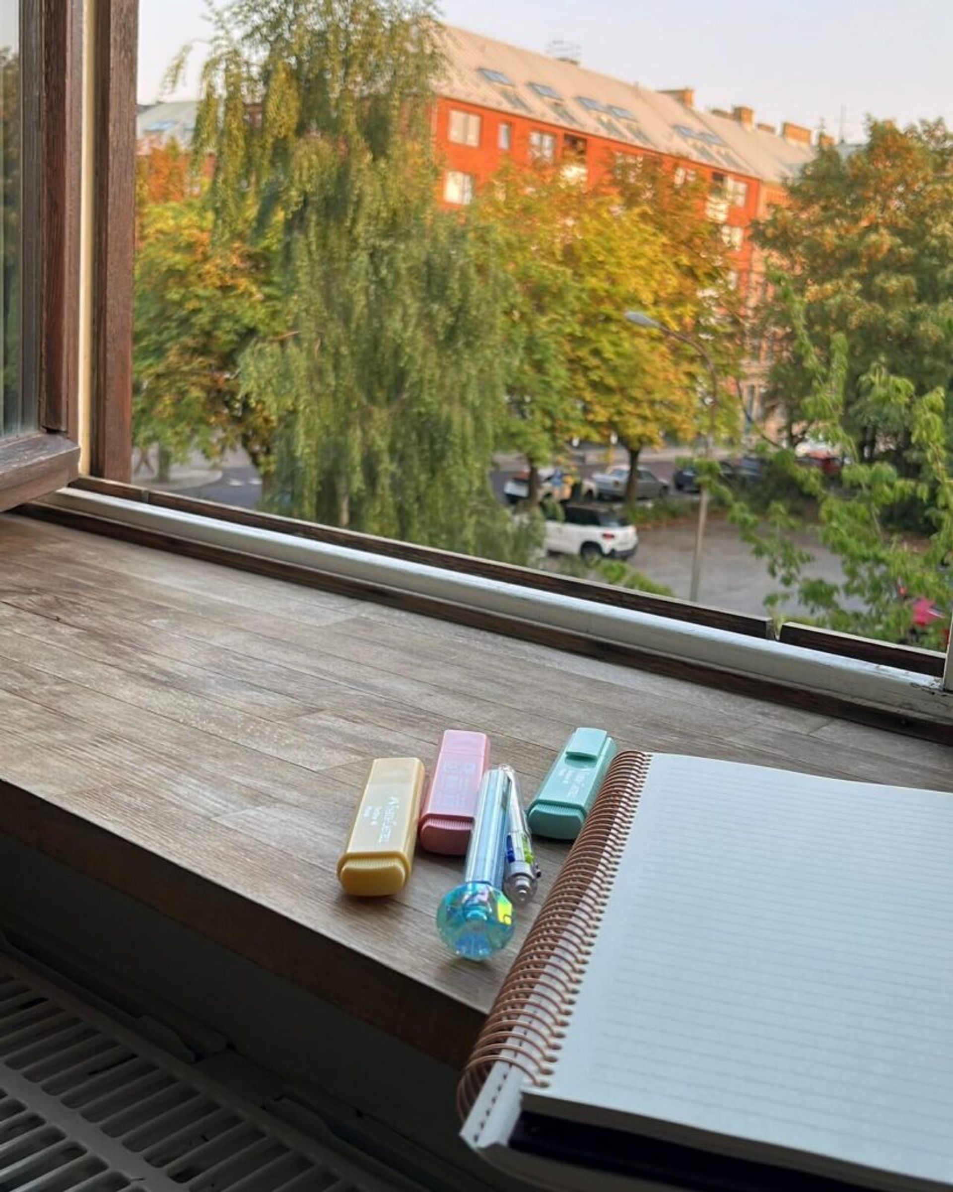 Notes and highlighter by the window.