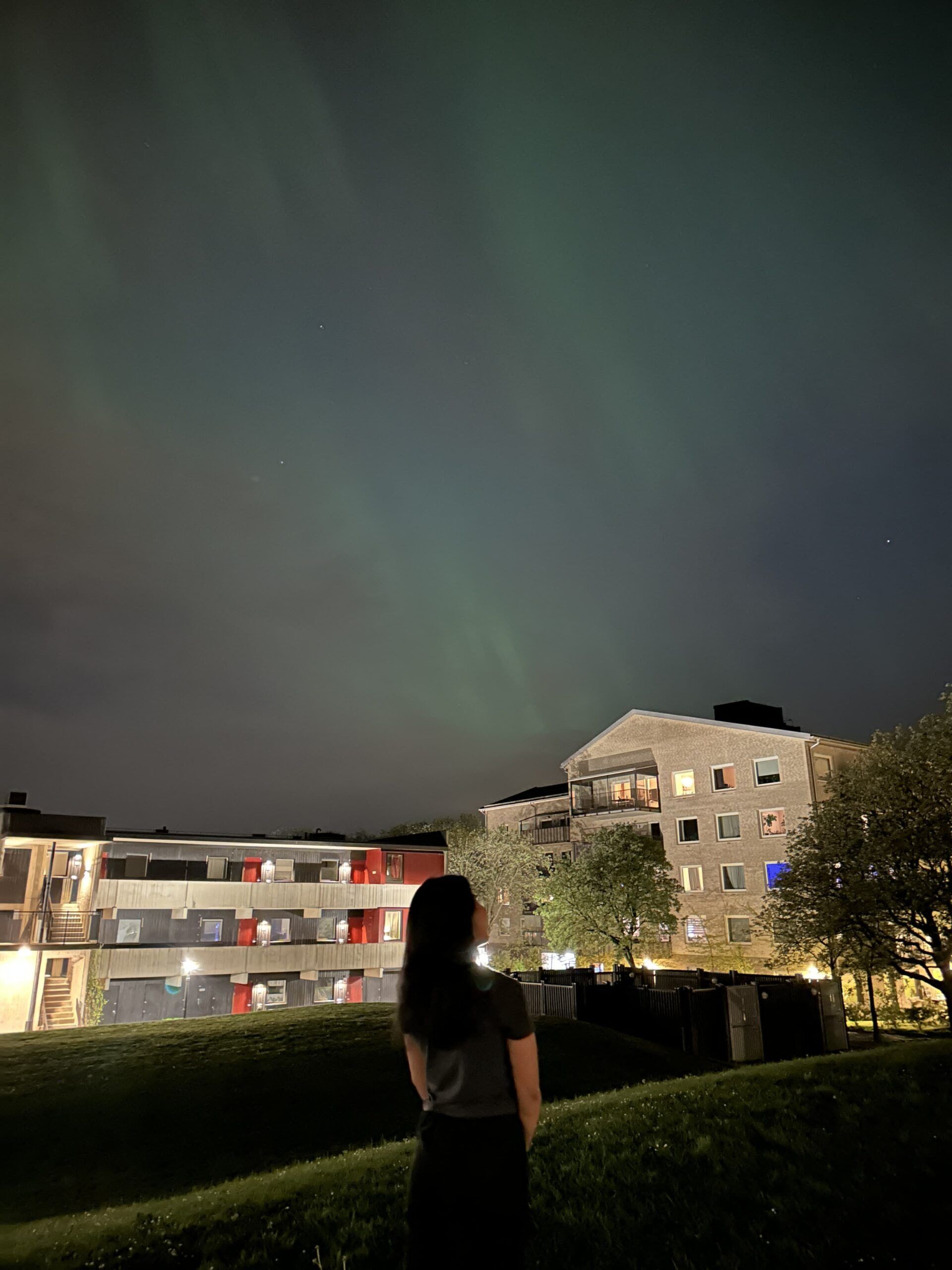 The northern-light filled sky with the silhouette of a girl