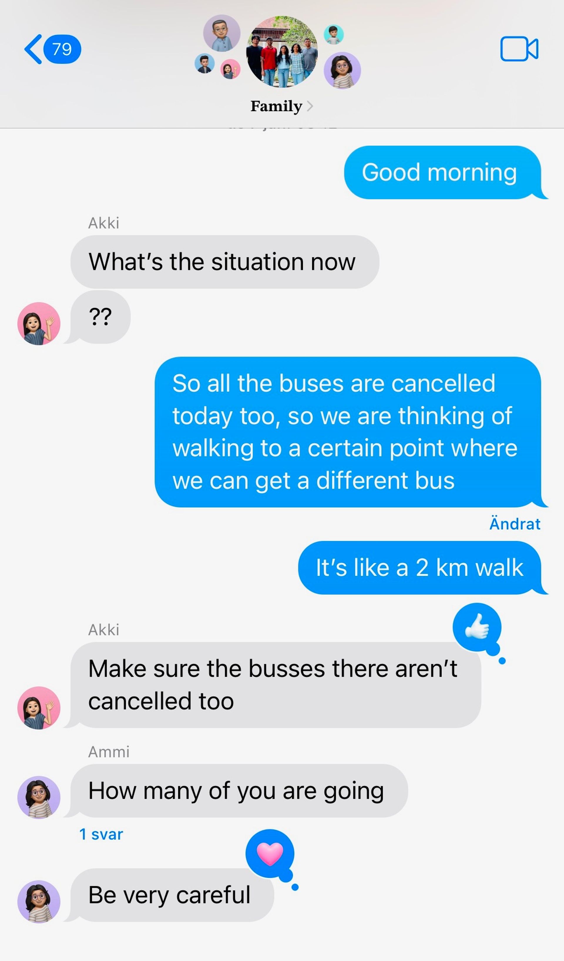 A screenshot of a group chat discussing about the cancellation of buses due to snow