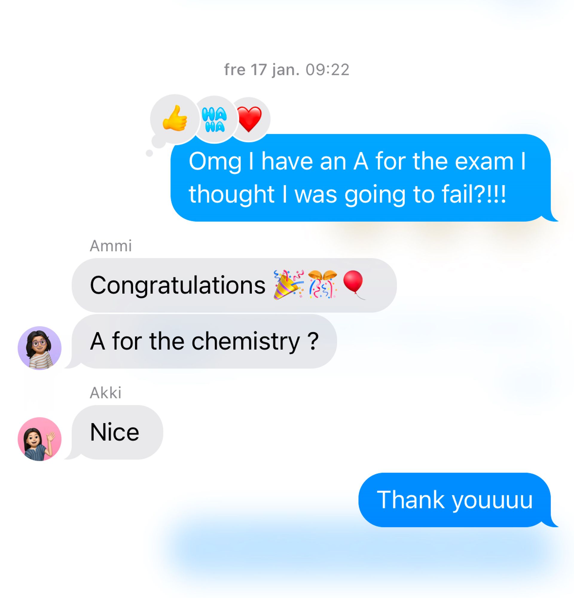 A screenshot of a group chat celebrating a high grade for a course