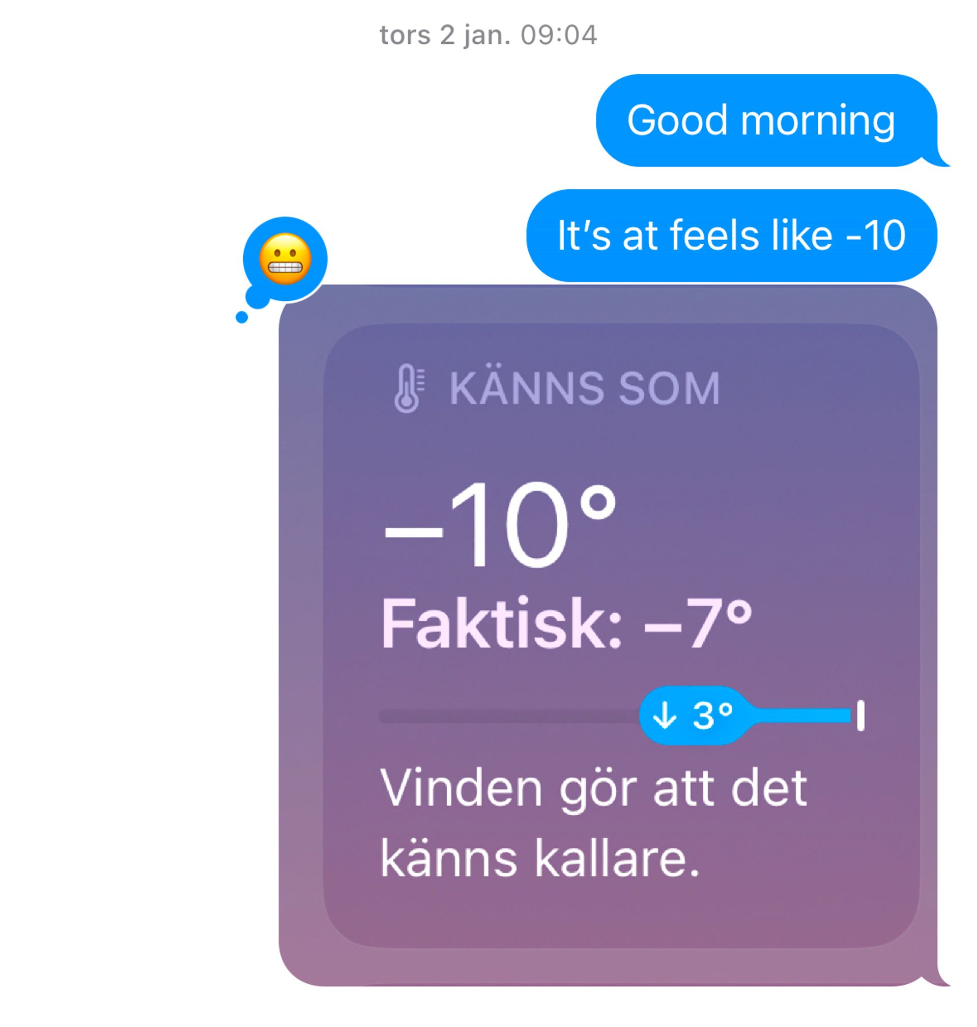 A screenshot of a group chat discussing about the very low temperatures in Sweden