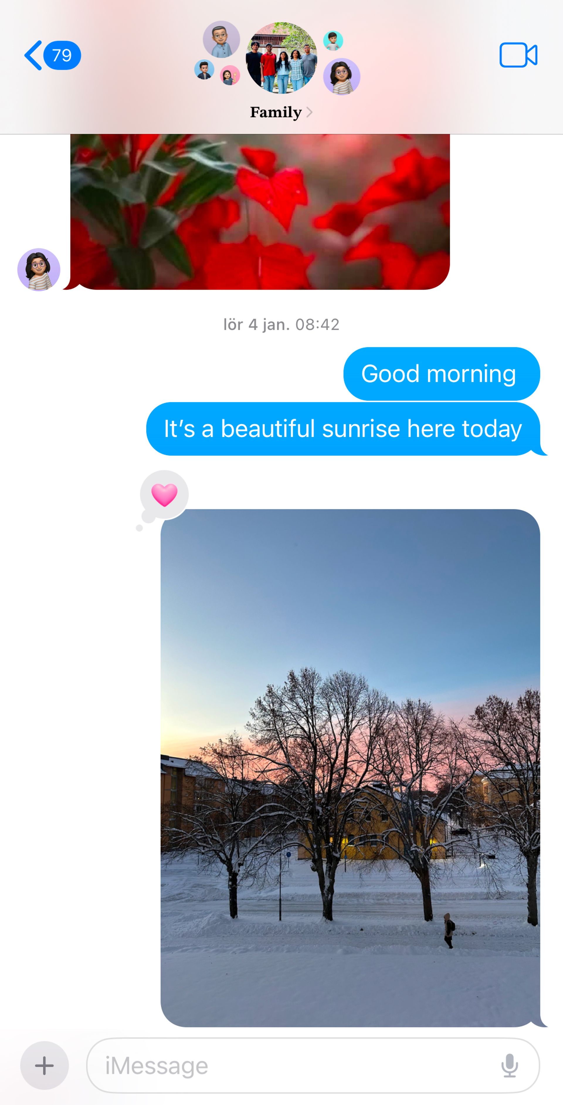 A screenshot of a group chat with a sun rise photo