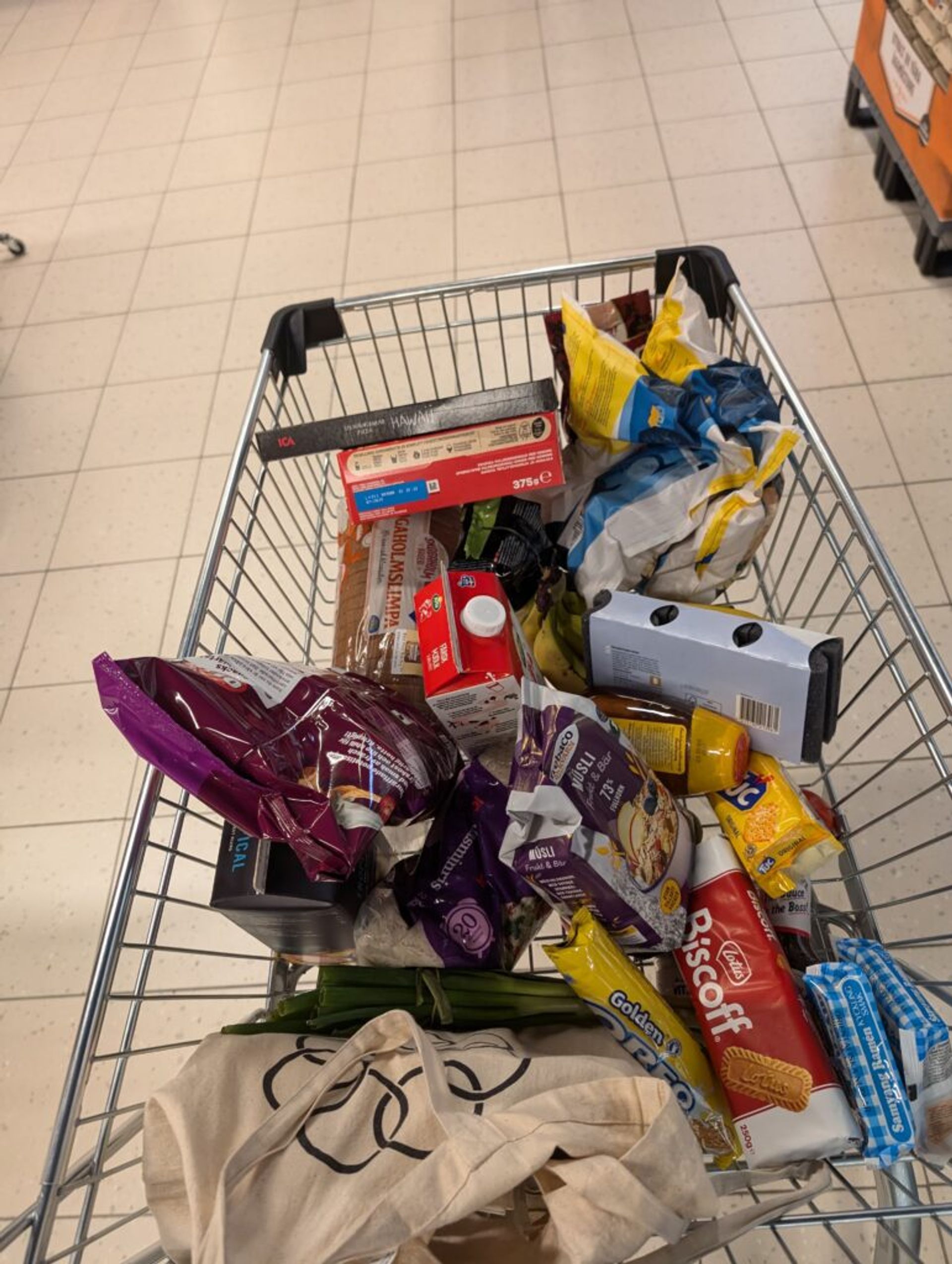 A picture looking down into a shopping cart with an assortment of groceries like juice, milk, bread etc. 