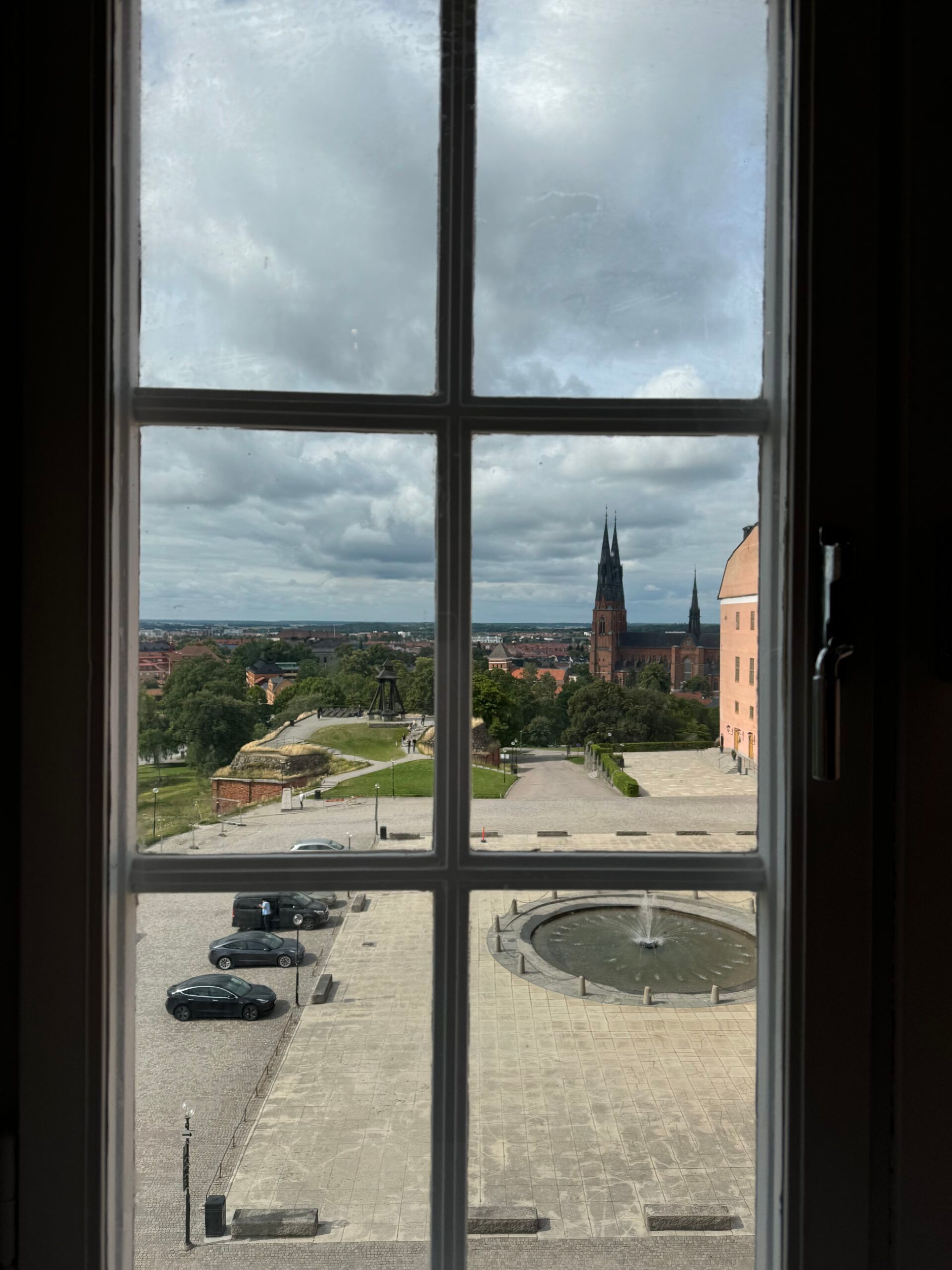 A photo of Uppsala city through a window