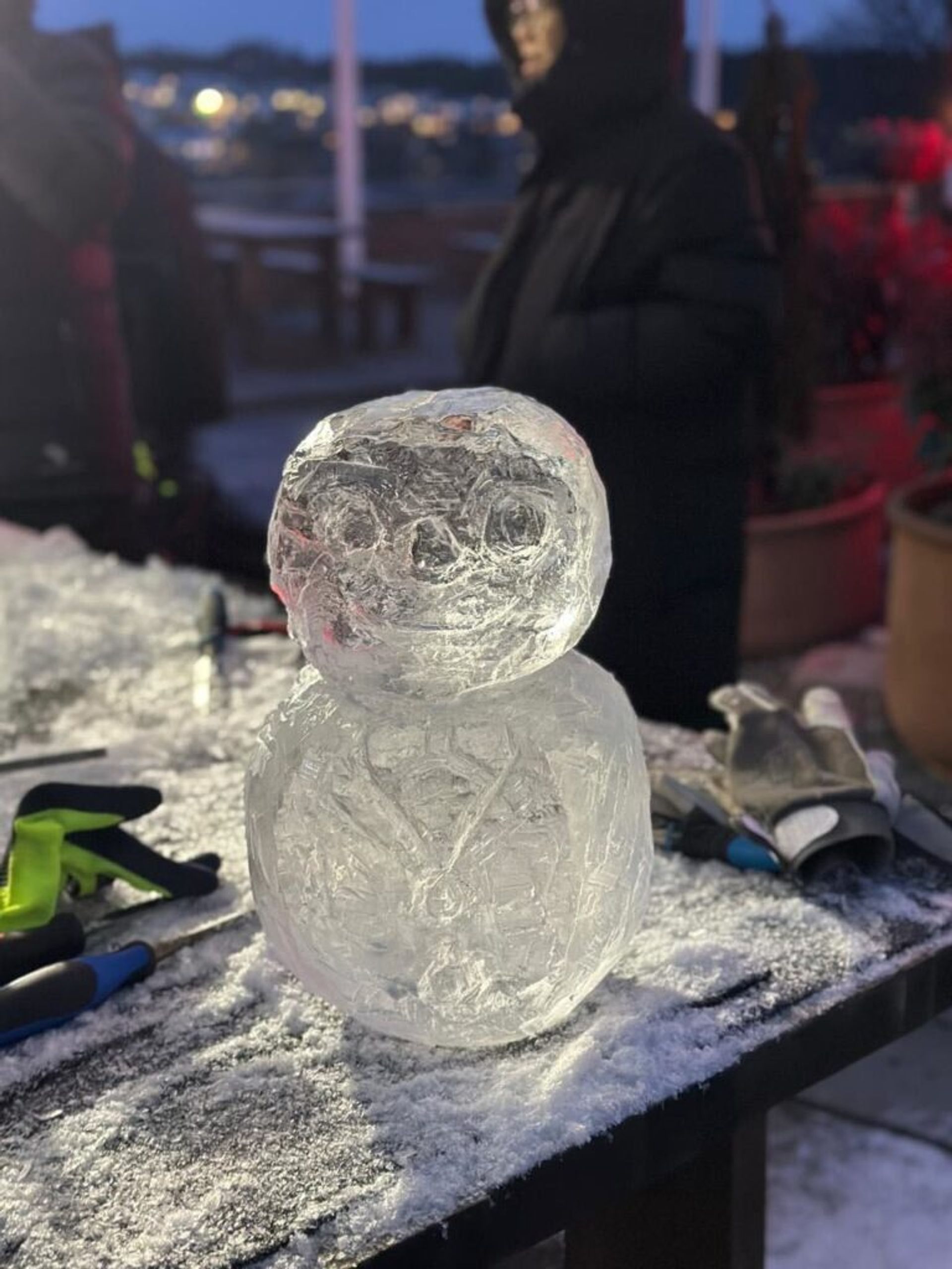 Snowman sculpture from ice