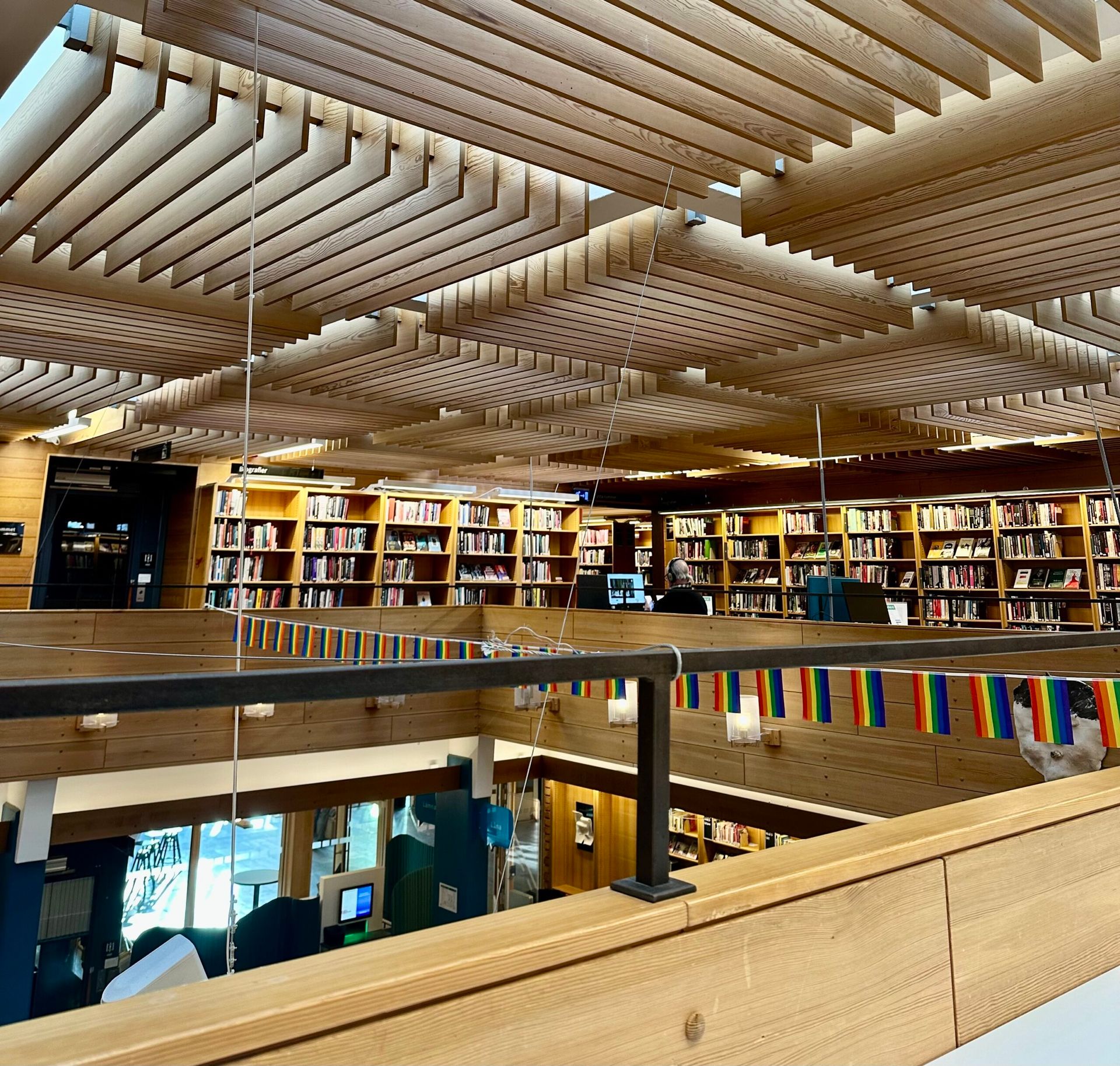 The interior of a library from the second floor