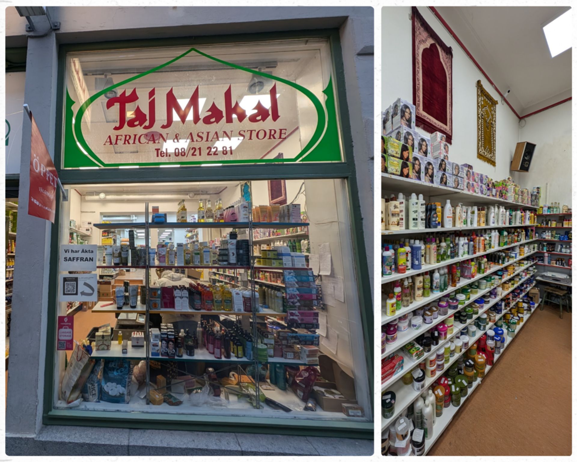 A collage of the Taj-Mahal storefront with products in the window with the green and red logo embossed on the top, and inside the store with a number of creams and other personal care products on the store shelves.