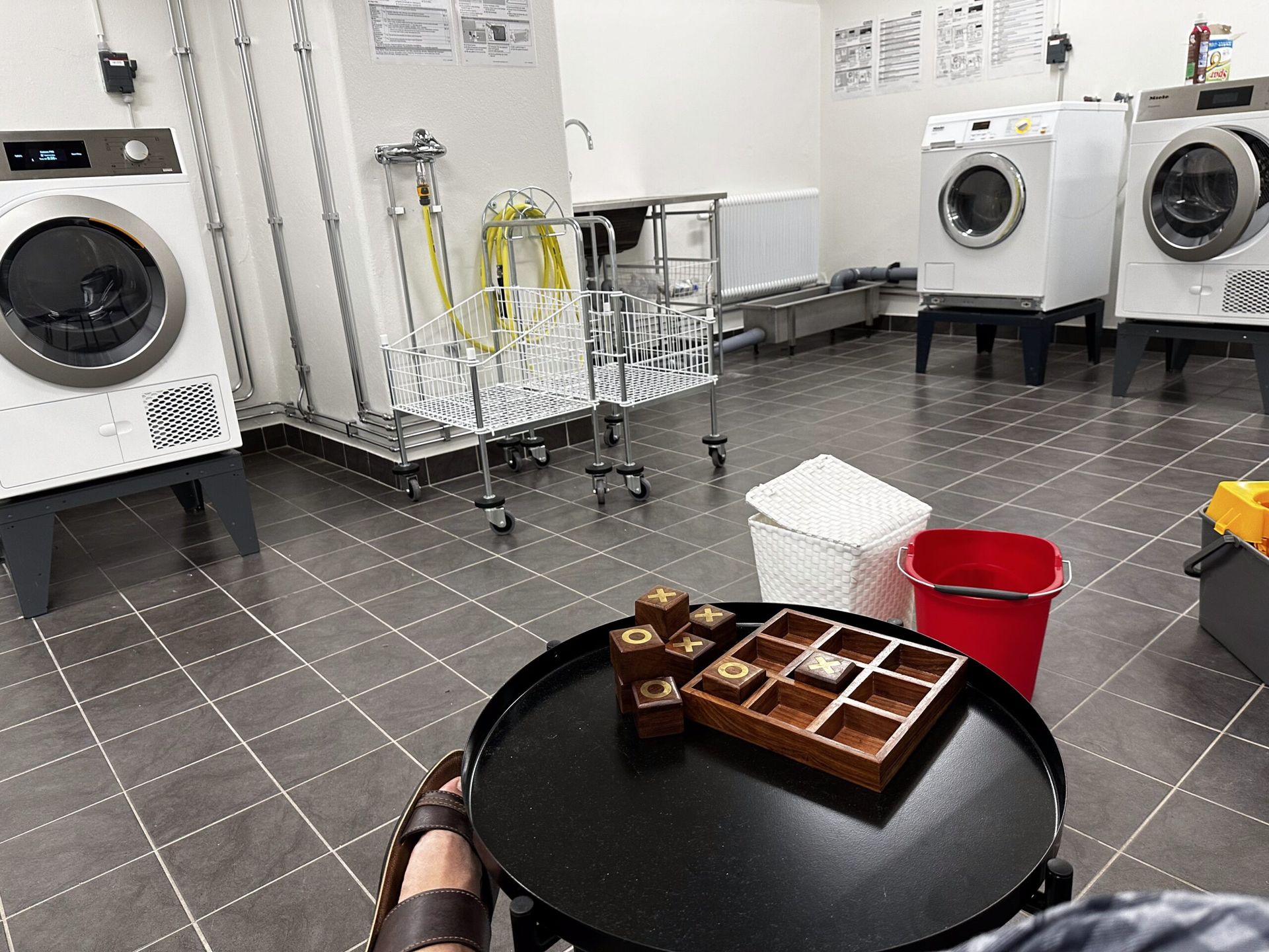 a laundry room with a board game