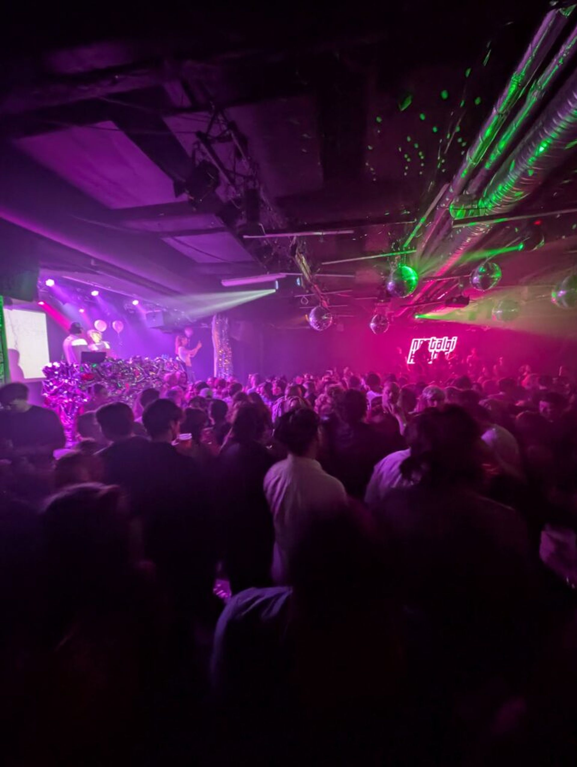 People dancing in a nightclub. There are beam lights in shades of pink purple and green streaming over the crowd and disco balls hanging from the ceiling.