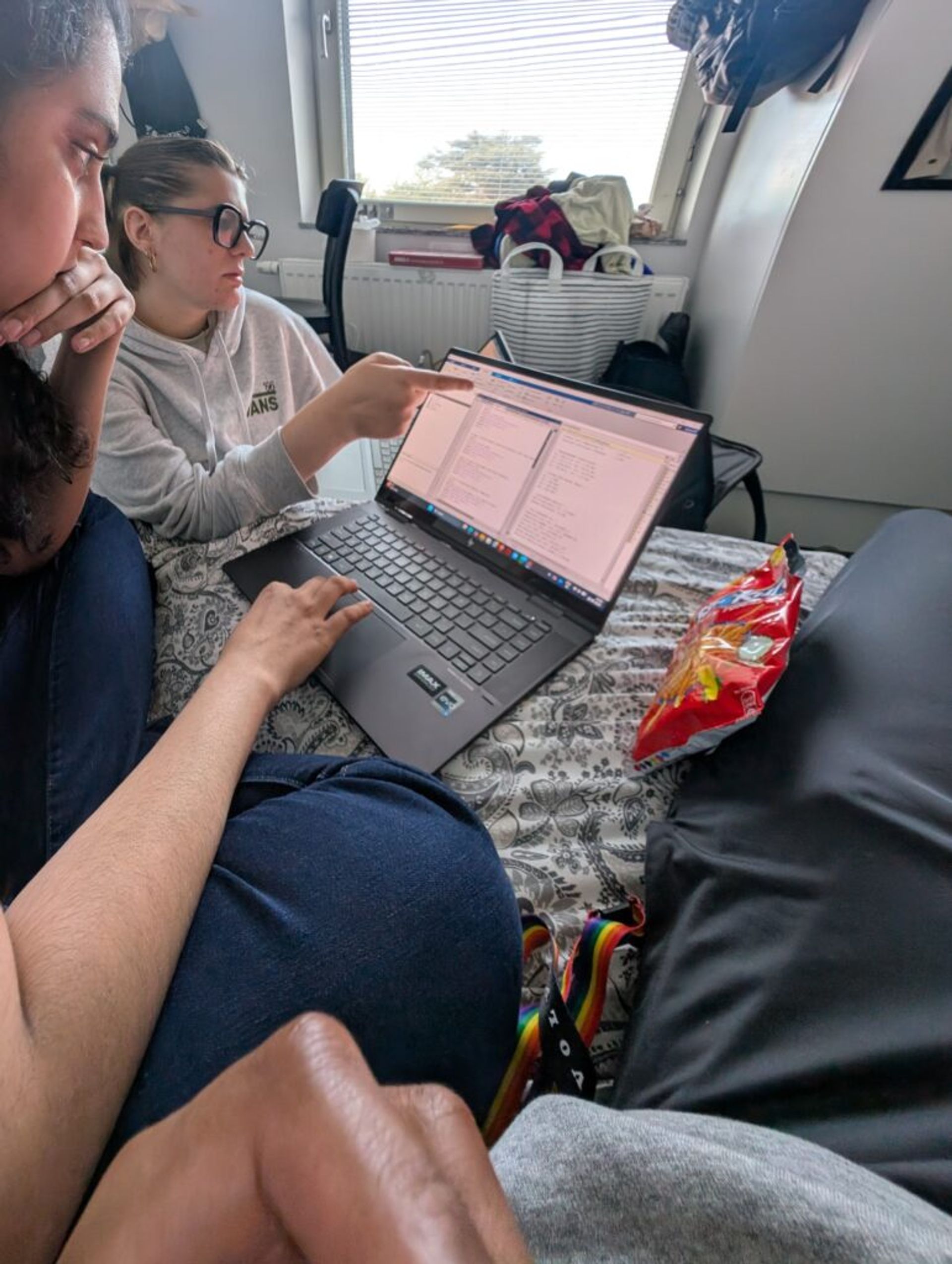 Friends looking at a computer studying for an exam.