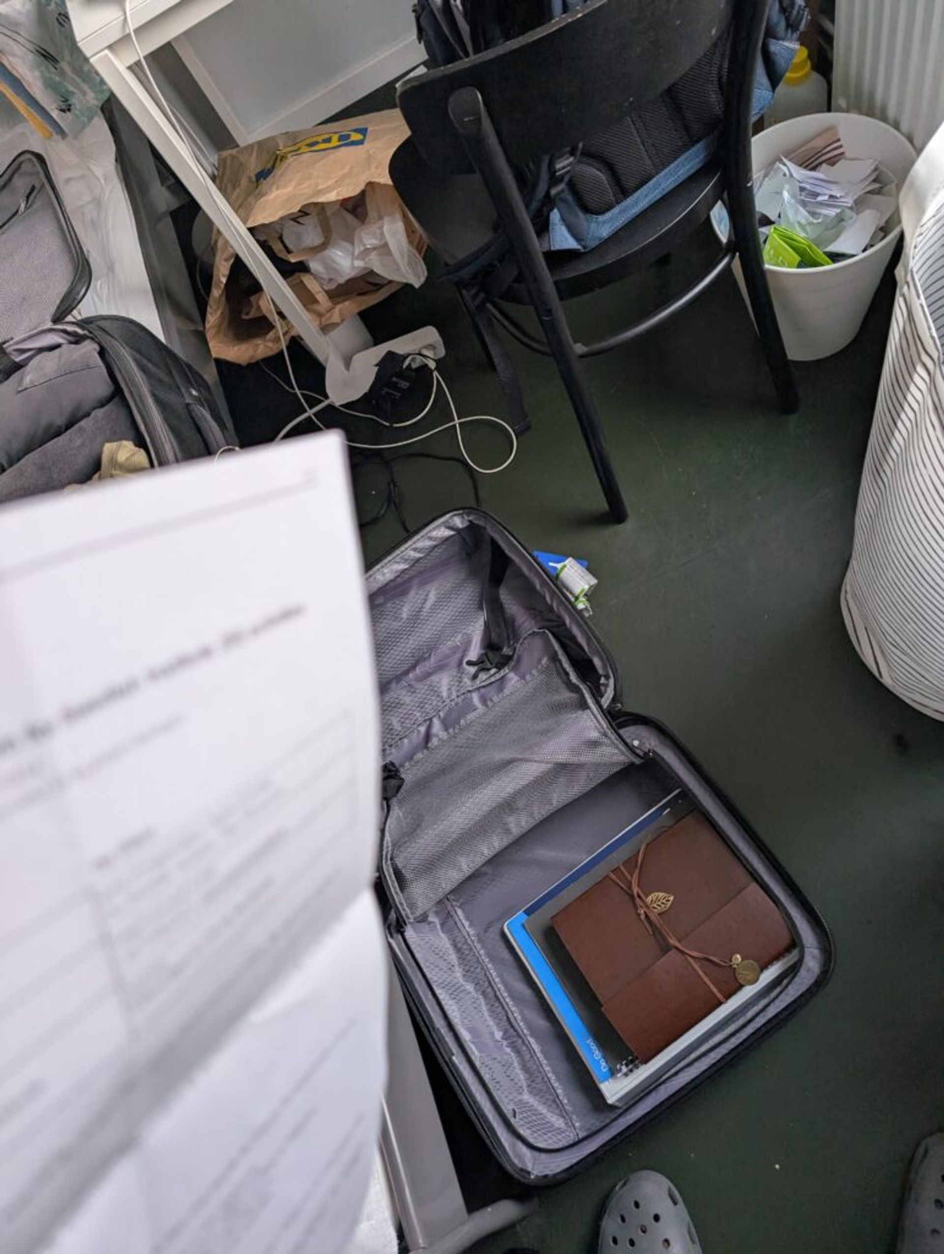 A picture of an empty suitcase on the ground.
