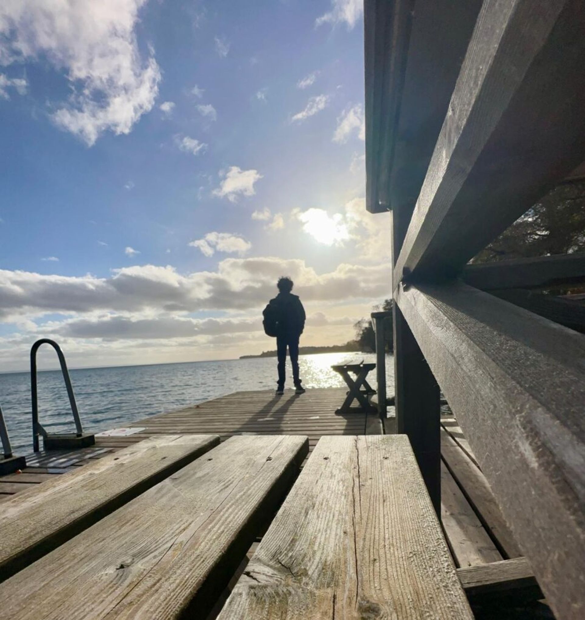 A boy standing on a pier.