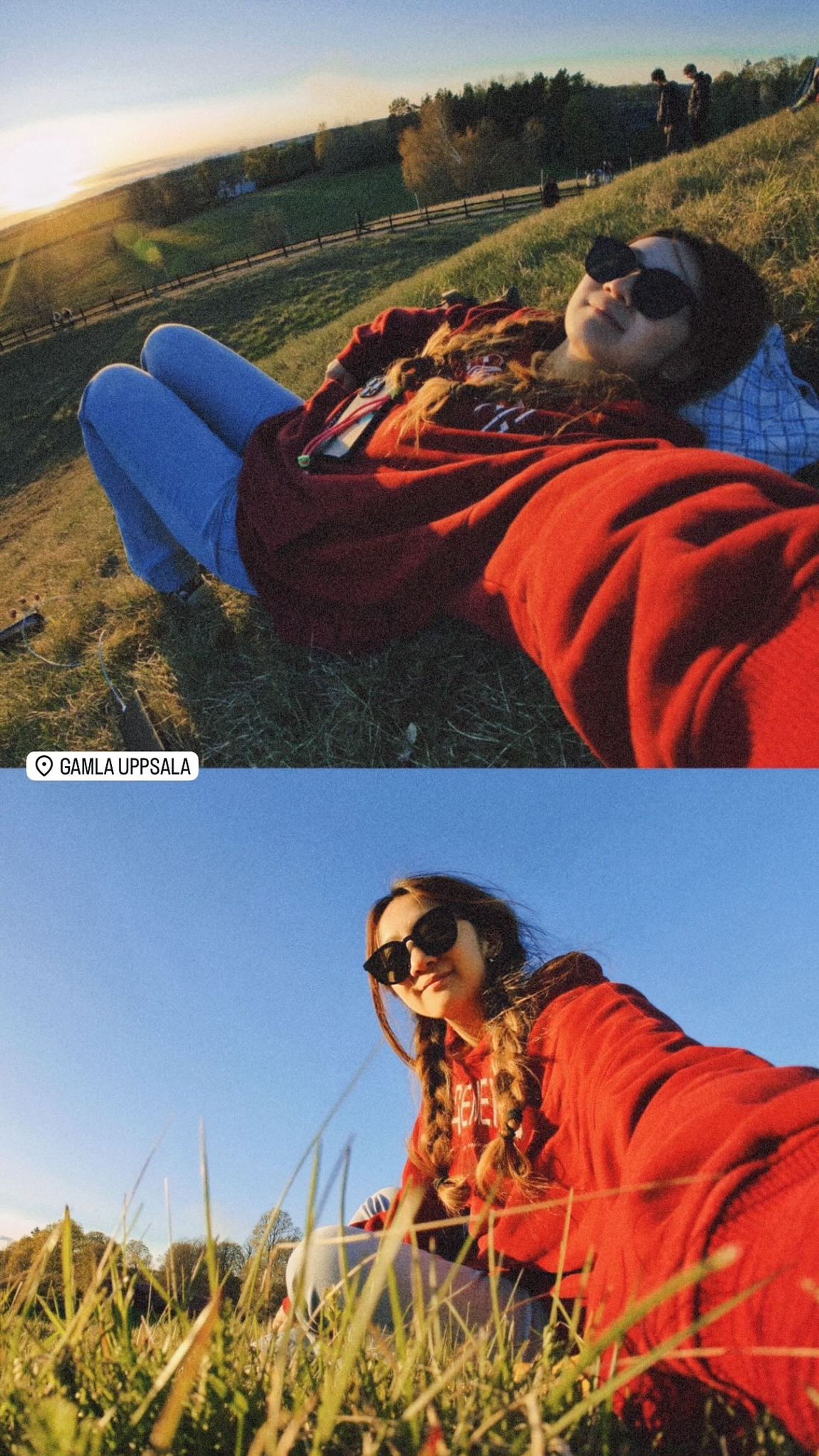 Yan-Lin posing for two selfies. On the top, she is laying in the grass with the phone above her. In the second, the phone is set in the grass. She is wearing a red sweater. The afternoon sun is making her glow.