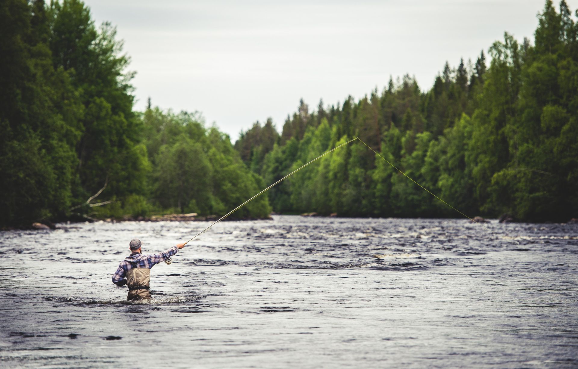 A man in the water fishing for salmon