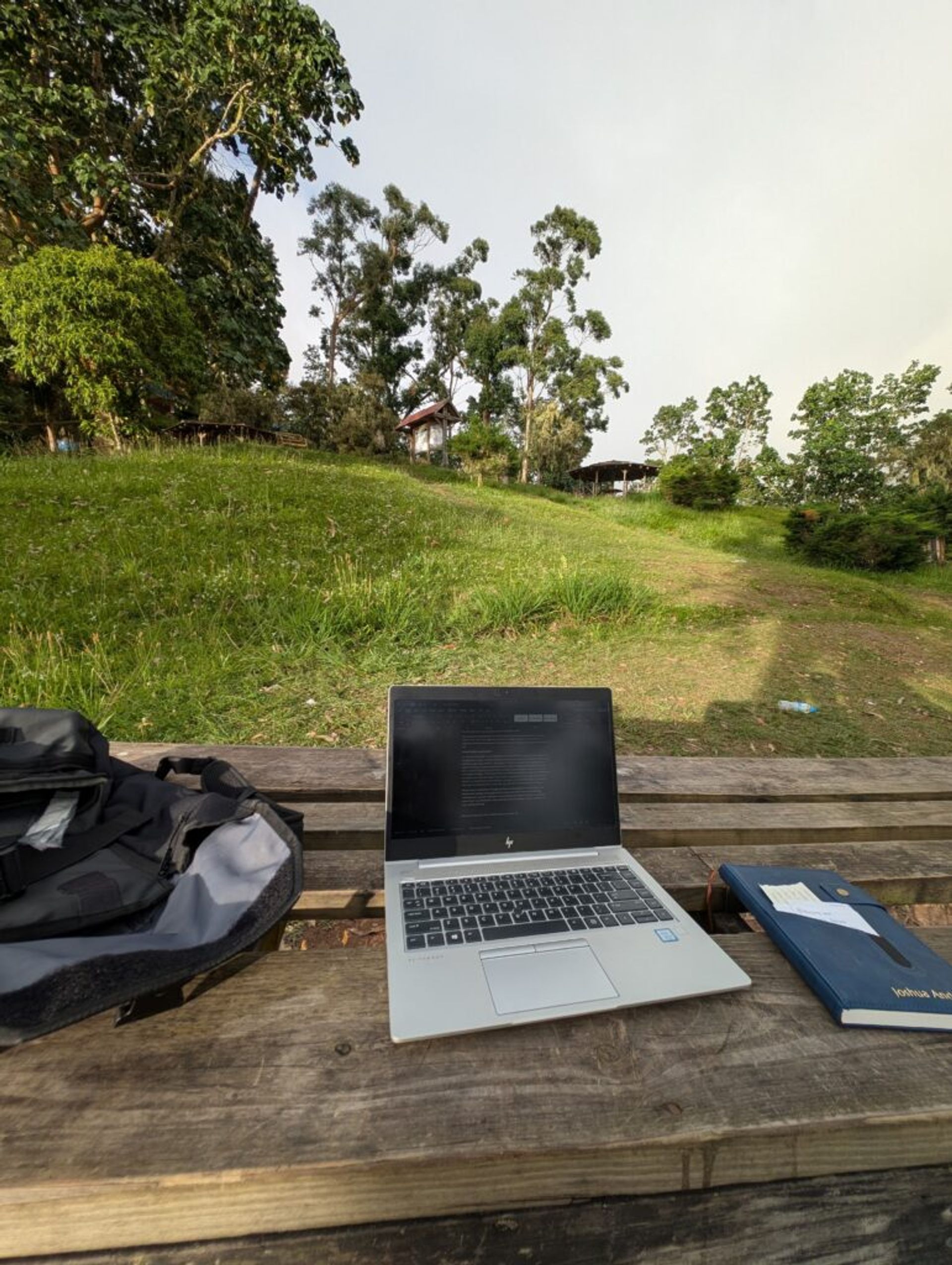 A picture of a laptop on a park bench. There is a steep slope behind the laptop with a number of tall trees and grass in the background.
