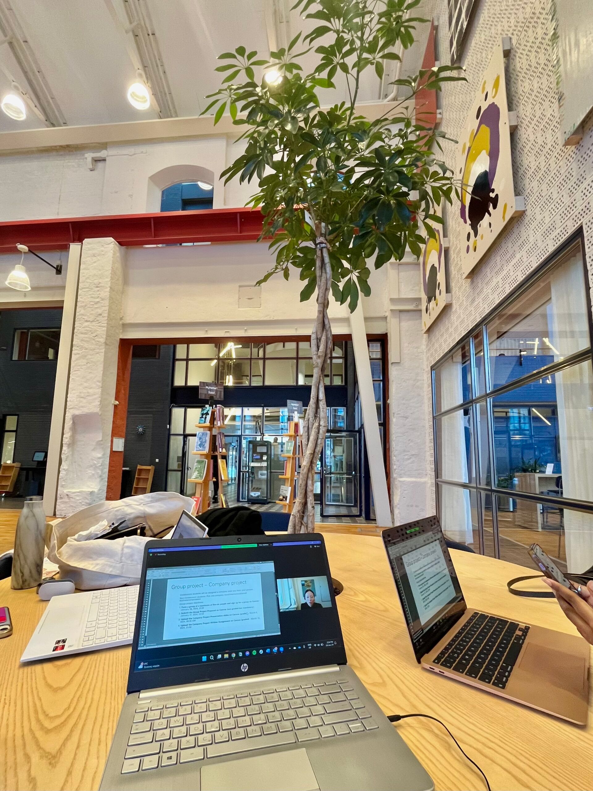 two students attending online meetings not heir laptops