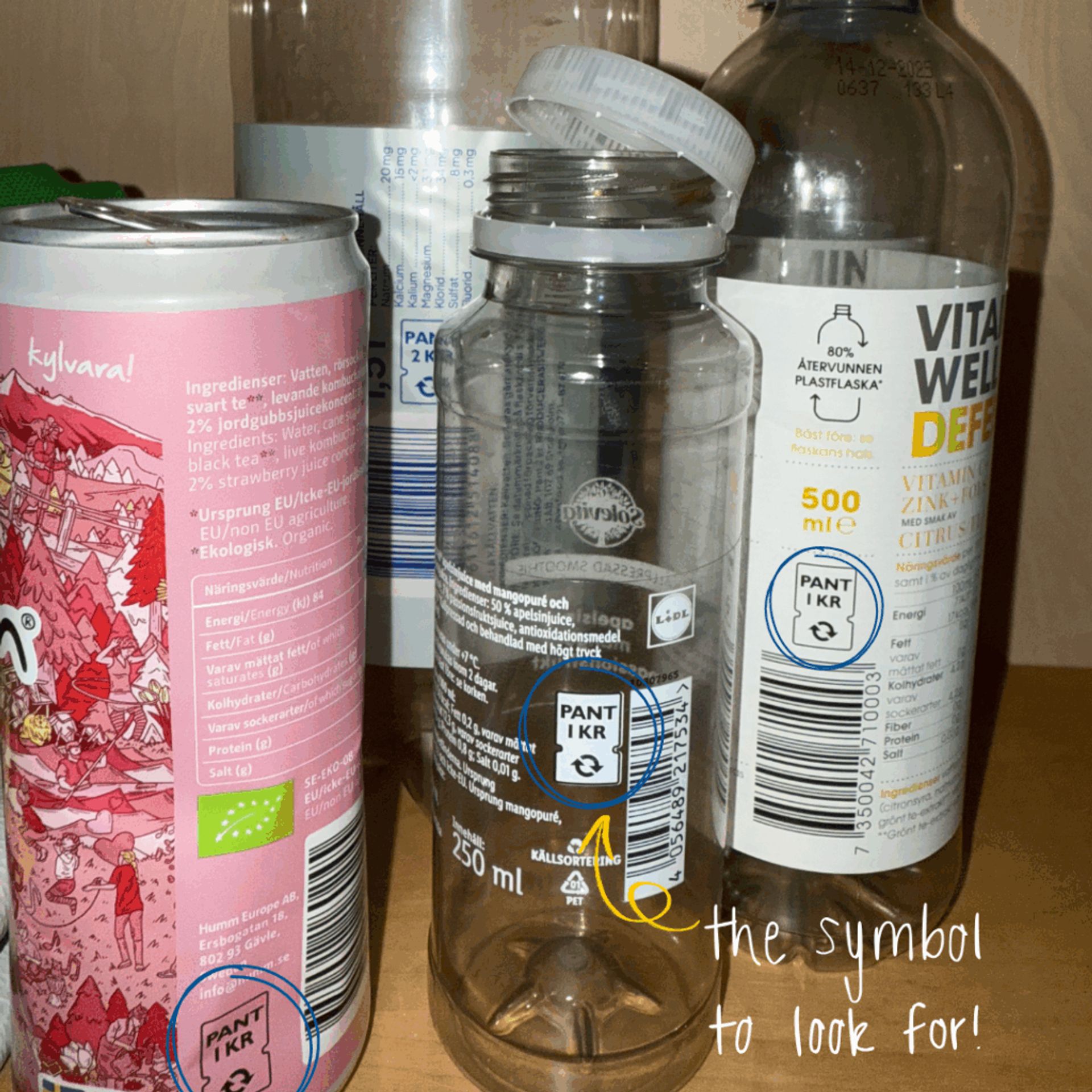 A photo of cans and bottles, circling the PANT 1 KR symbol. Handwritten text says "the symbol to look for"