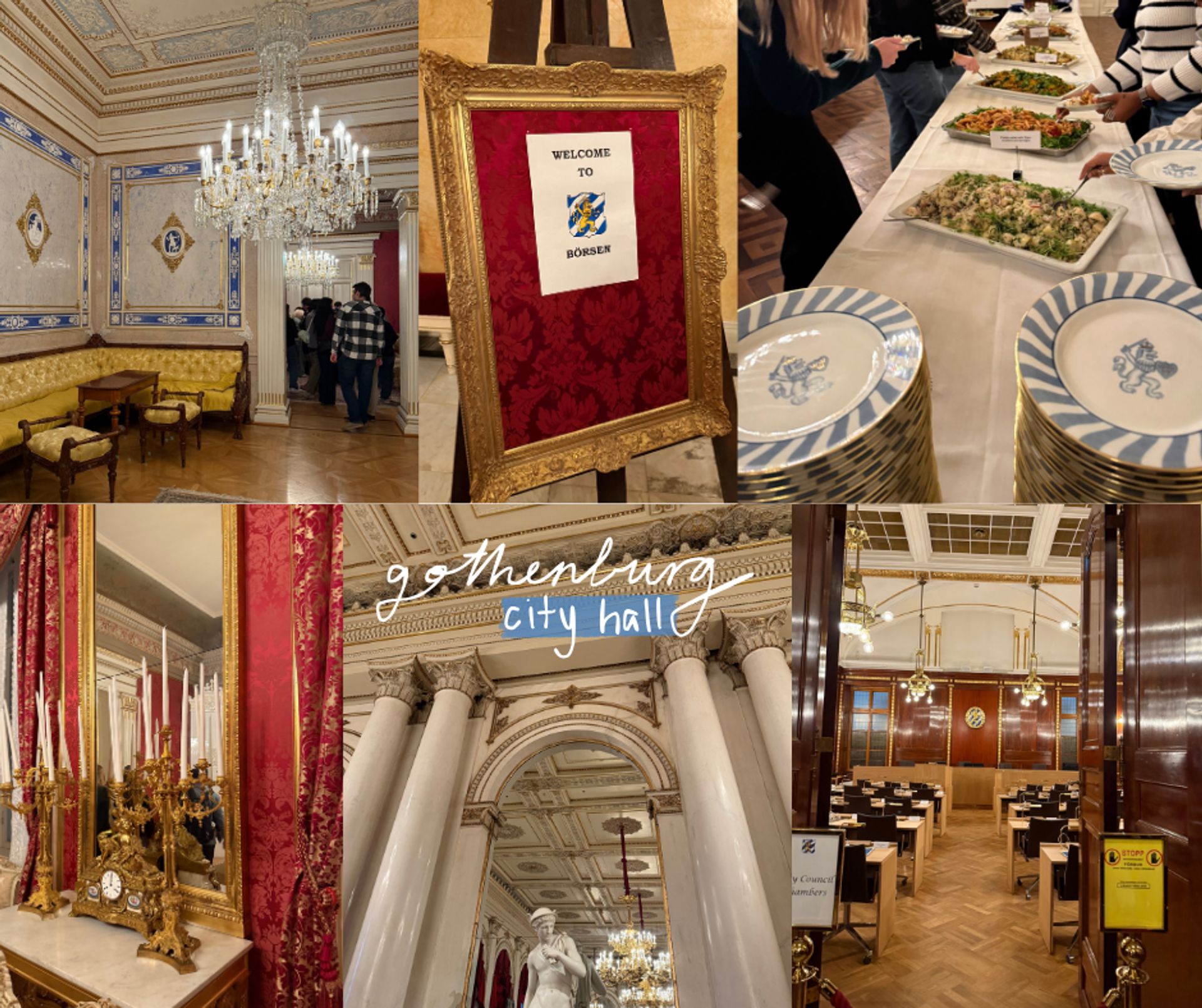 A collage of photos of Gothenburg City Hall, including salon rooms, a sign saying welcome to Börsen, a buffet, and the City Council Chambers. Handwritten text reads "Gothenburg city hall"