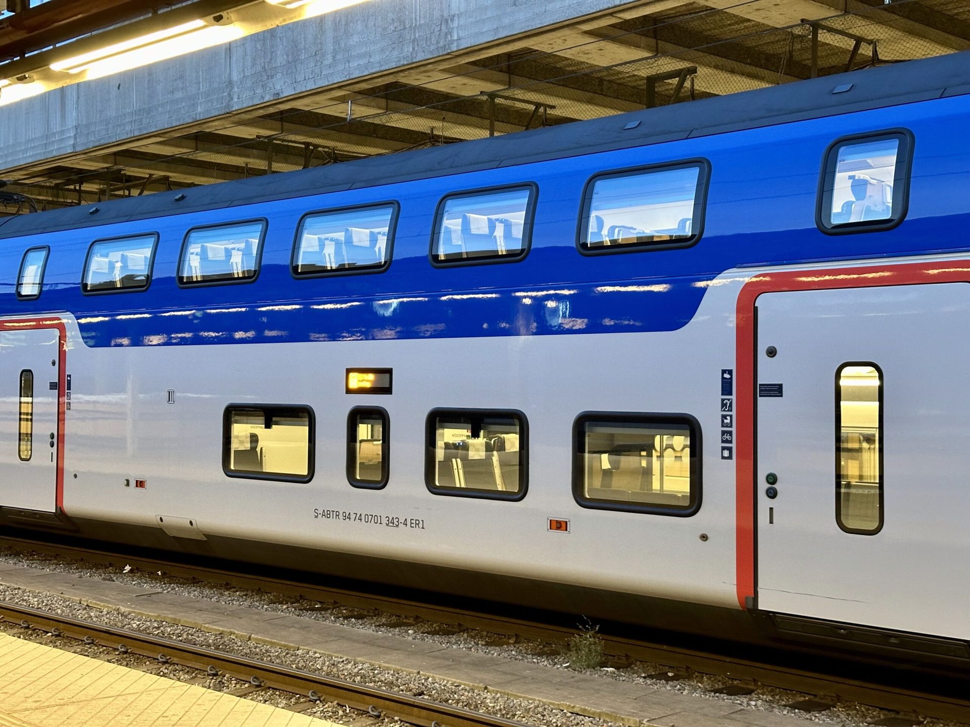 A double decker train from the outside
