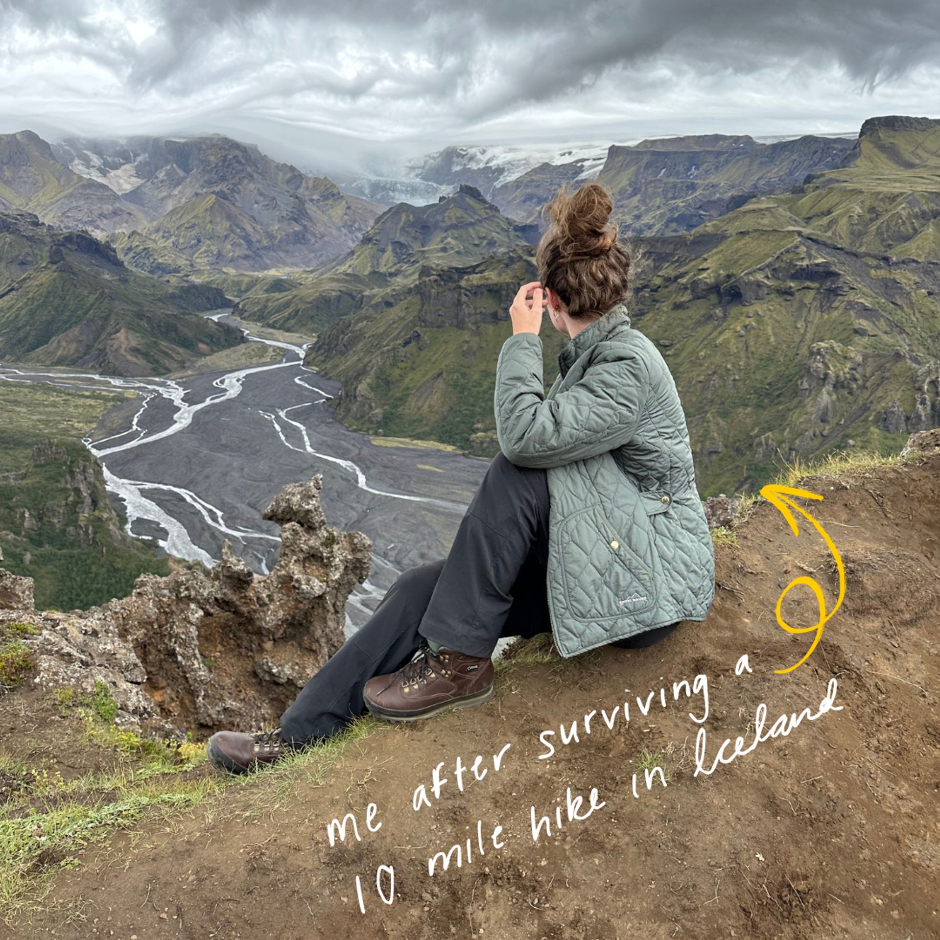 A photo of me in front of mountains and glacial streams in Iceland. Handwritten text reads "me after surviving a 10 mile hike in Iceland"
