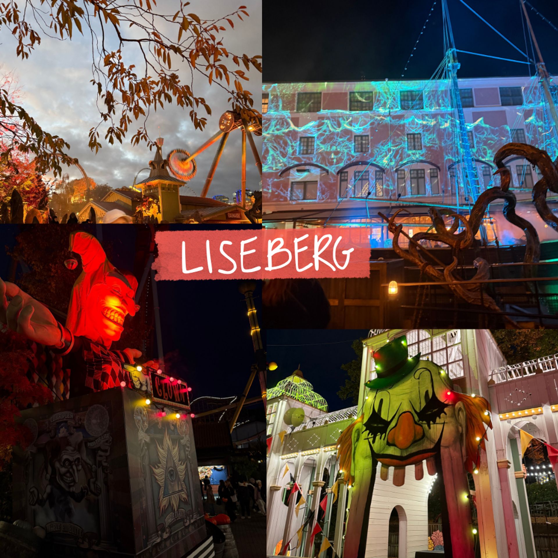 4 photos of Liseberg amusement park- a view of the sky, a clown popping out of a box, a creepy sailboat, and another creepy clown. 