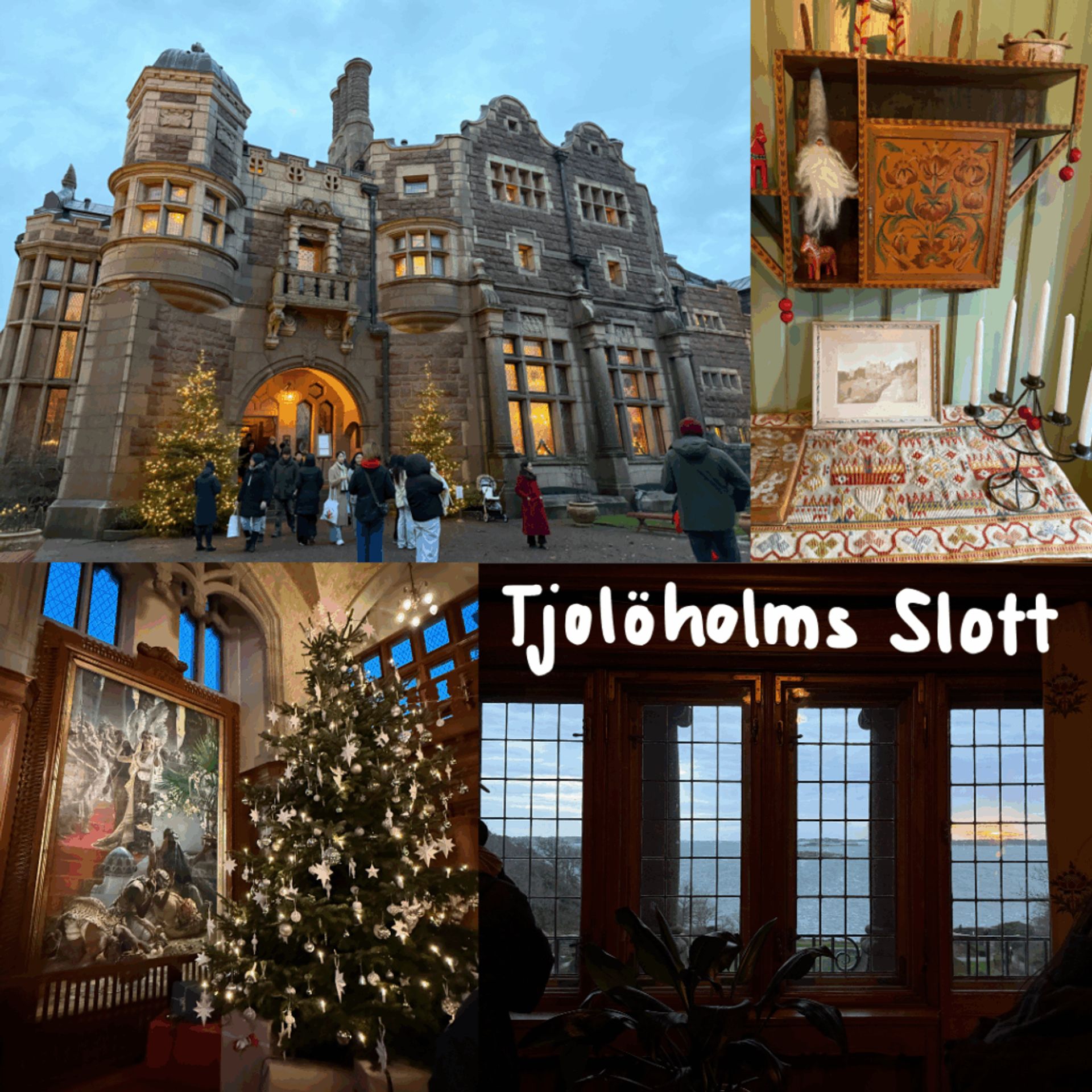Photos of Tjolöholms Slott-- the castle itself, a display of gnomes, dala horses, and candles in one of the homes in the worker's village, a Christmas tree inside the castle, and a photo of the sunset through the castle windows