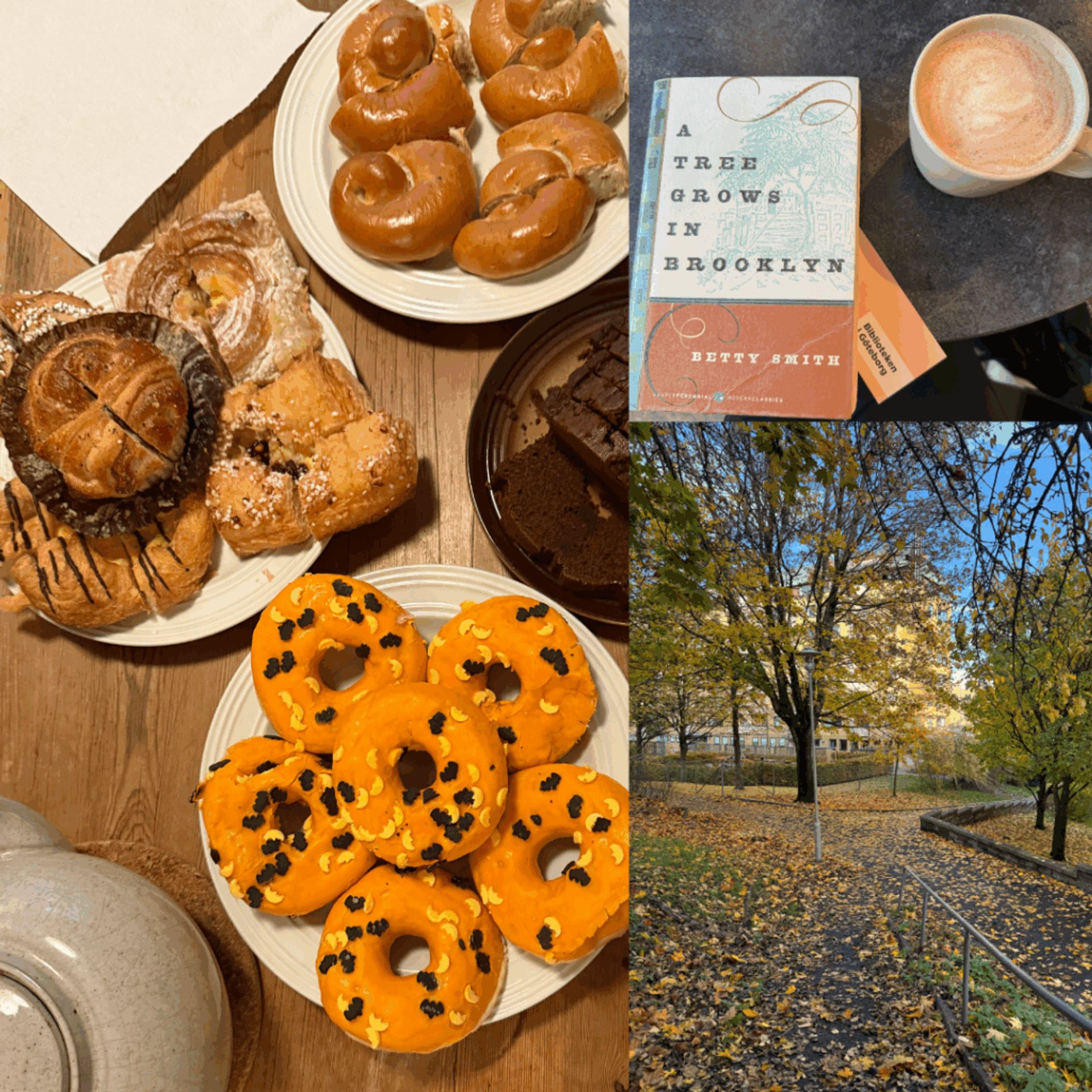 three photos of pastries and halloween themed donuts, a book and a hot chai latte, and a landscape photo of fallen leaves on a path. 
