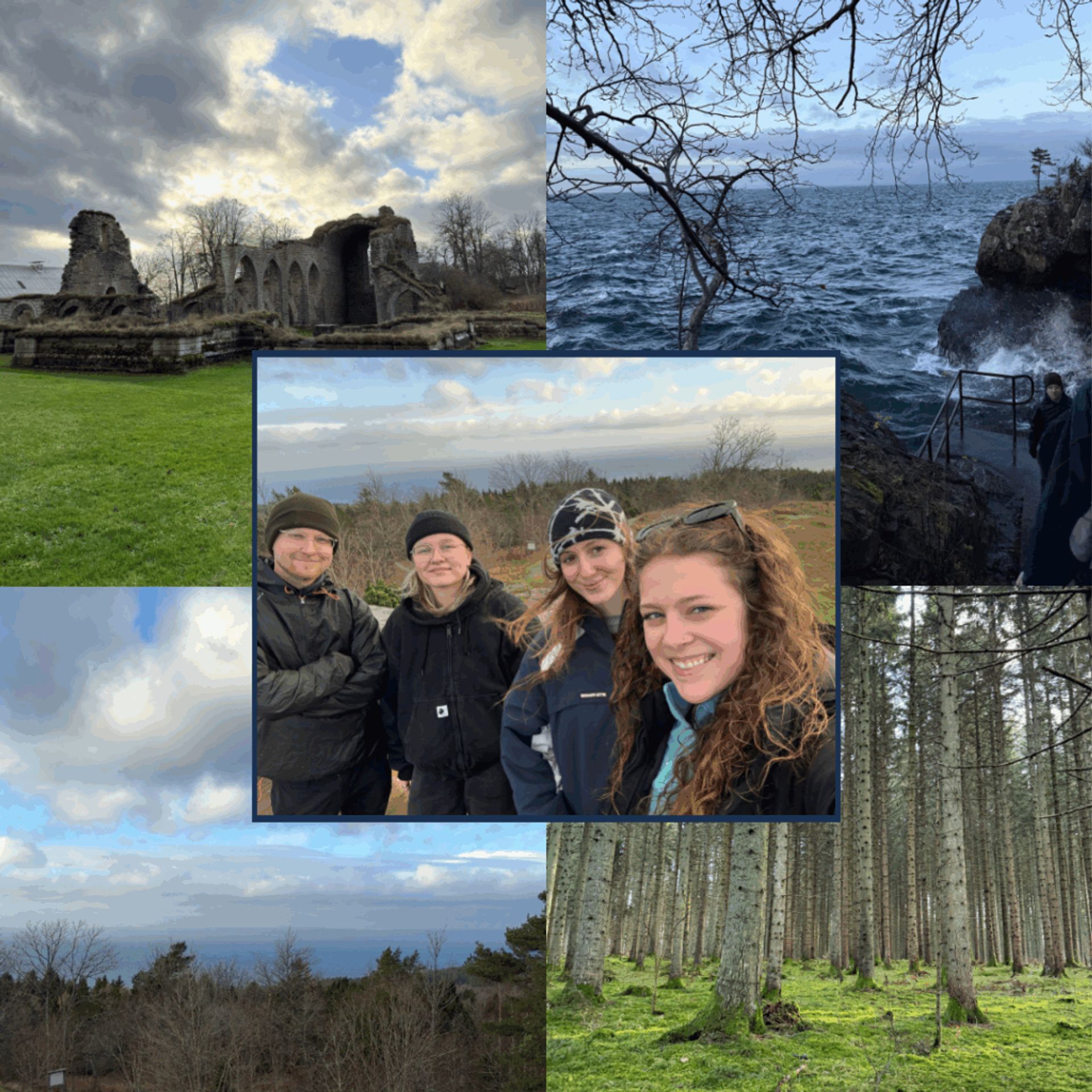 Photos of Ombergs Ekopark- ruins of a 12th century convent, the lake waves crashing on the rocks, a view of the lake from the summit of the hike, and trees and moss. In the middle, there is a photo of me and 3 friends.