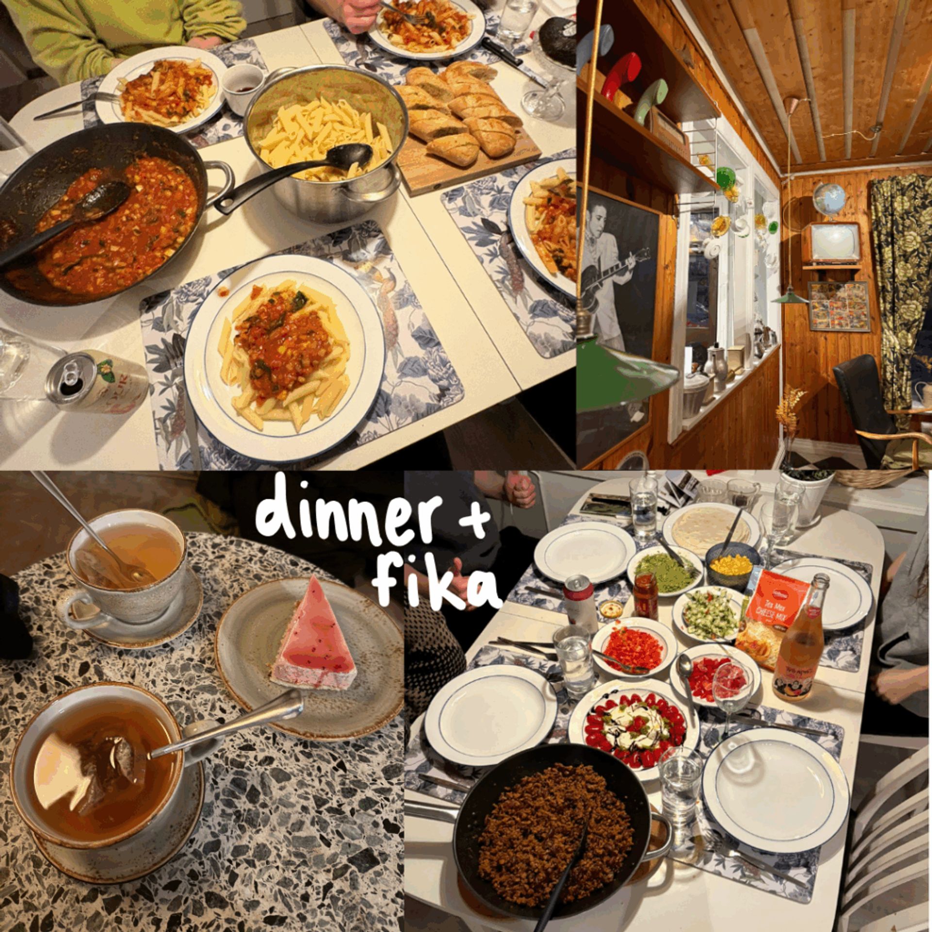 Four photos- a dinner table with plates of pasta, vegetable marinara sauce, and garlic bread; a cafe with vintage decor; two cups of tea and a slice of cake; and a dinner table with bowls of taco ingredients