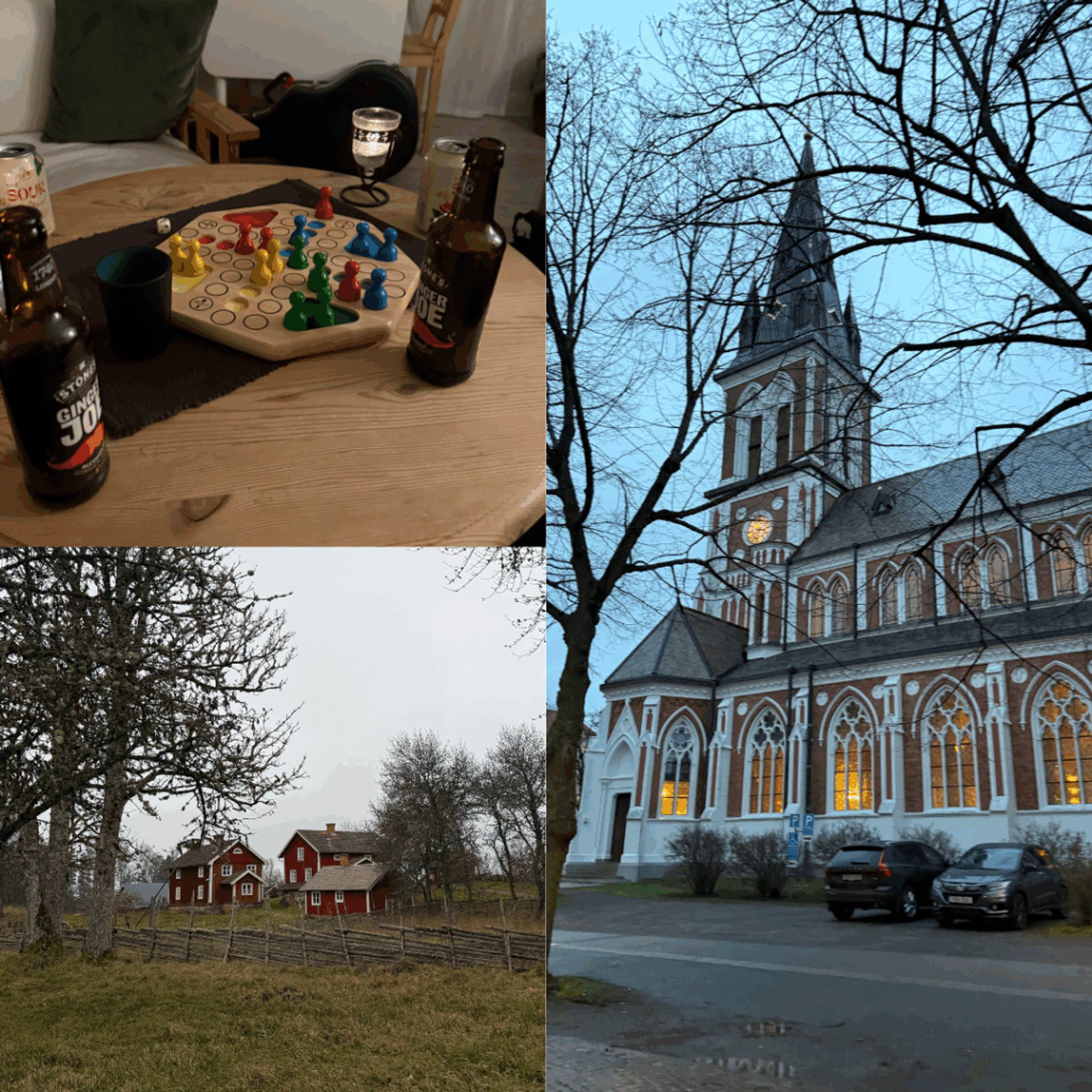3 photos, one of a board game, another of red Swedish style houses in the Ayers By Kulturerreservat, and another of a church in Jönköping.