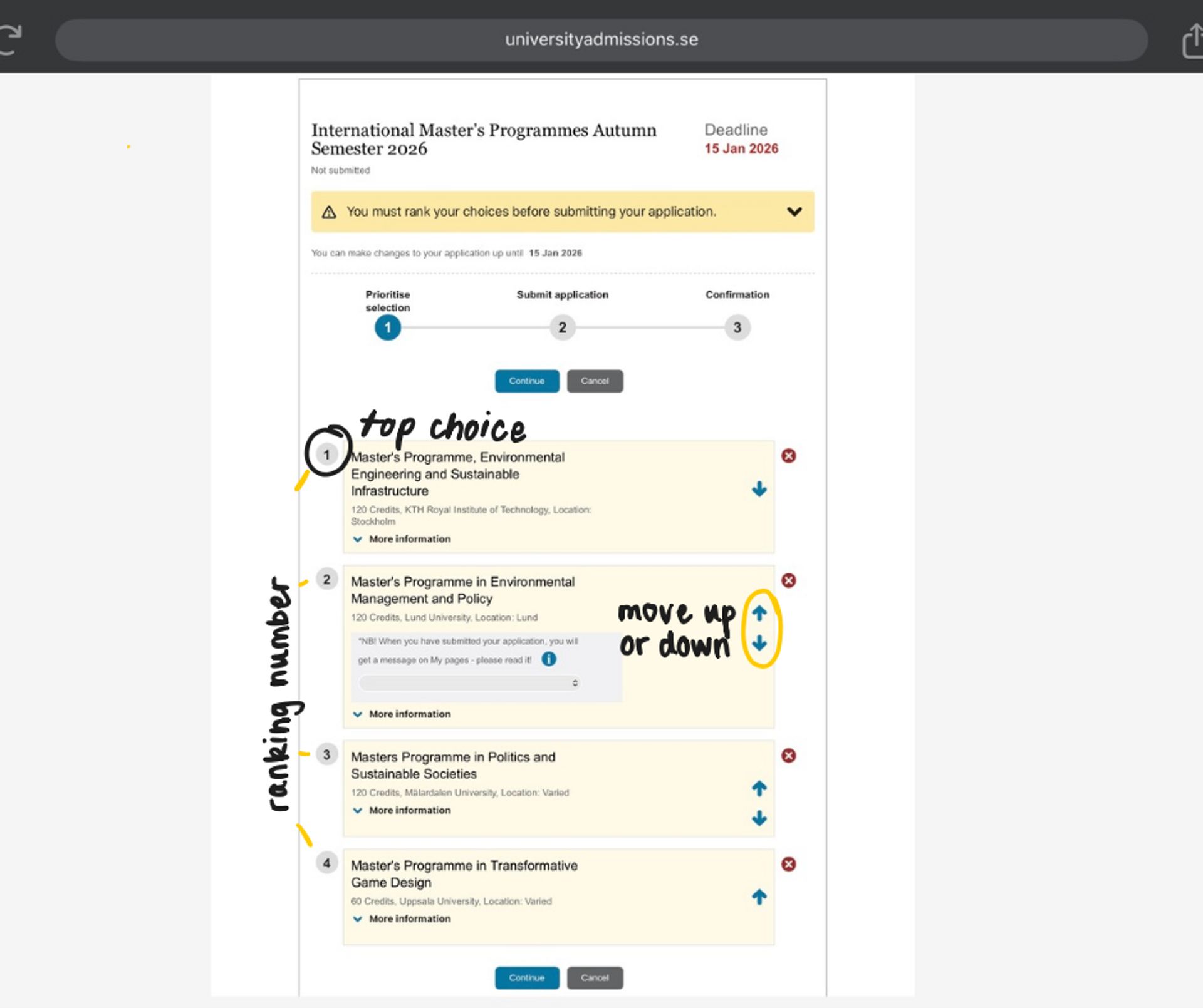 Screenshot of University Admissions webpage, part of application where you rank programs. Handwritten text reads “top choice” next to ranking 1, “ranking number” pointing to numbers 1-4, and a circle around arrows that are used to move programmes up or down on the ranking list. 